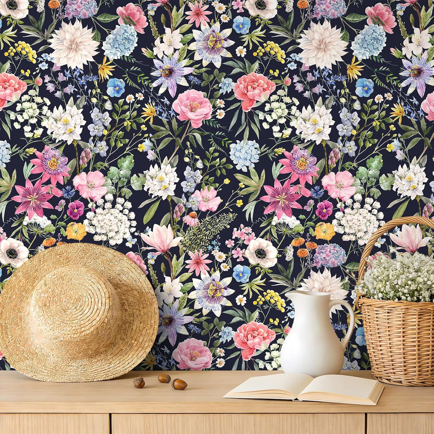 VEELIKE Dark Garden Floral Wallpaper Peel and Stick Vintage Moody Flower Wallpaper for Bedroom 17.7''x118'' Removable Self Adhesive Contact Paper Floral Wall Mural for Bathroom Nursery DIY Furniture