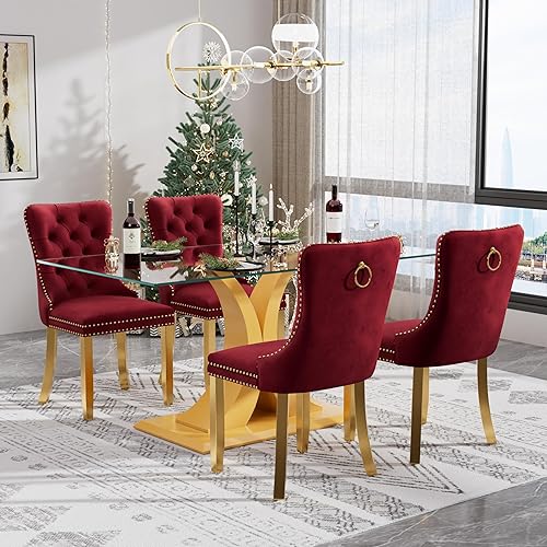 Miniatura 23 de Juego de mesa de comedor moderno de vidrio para 4, mesa de 160 cm de vidrio templado con base dorada estética y 4 sillas de comedor lujosas azules y