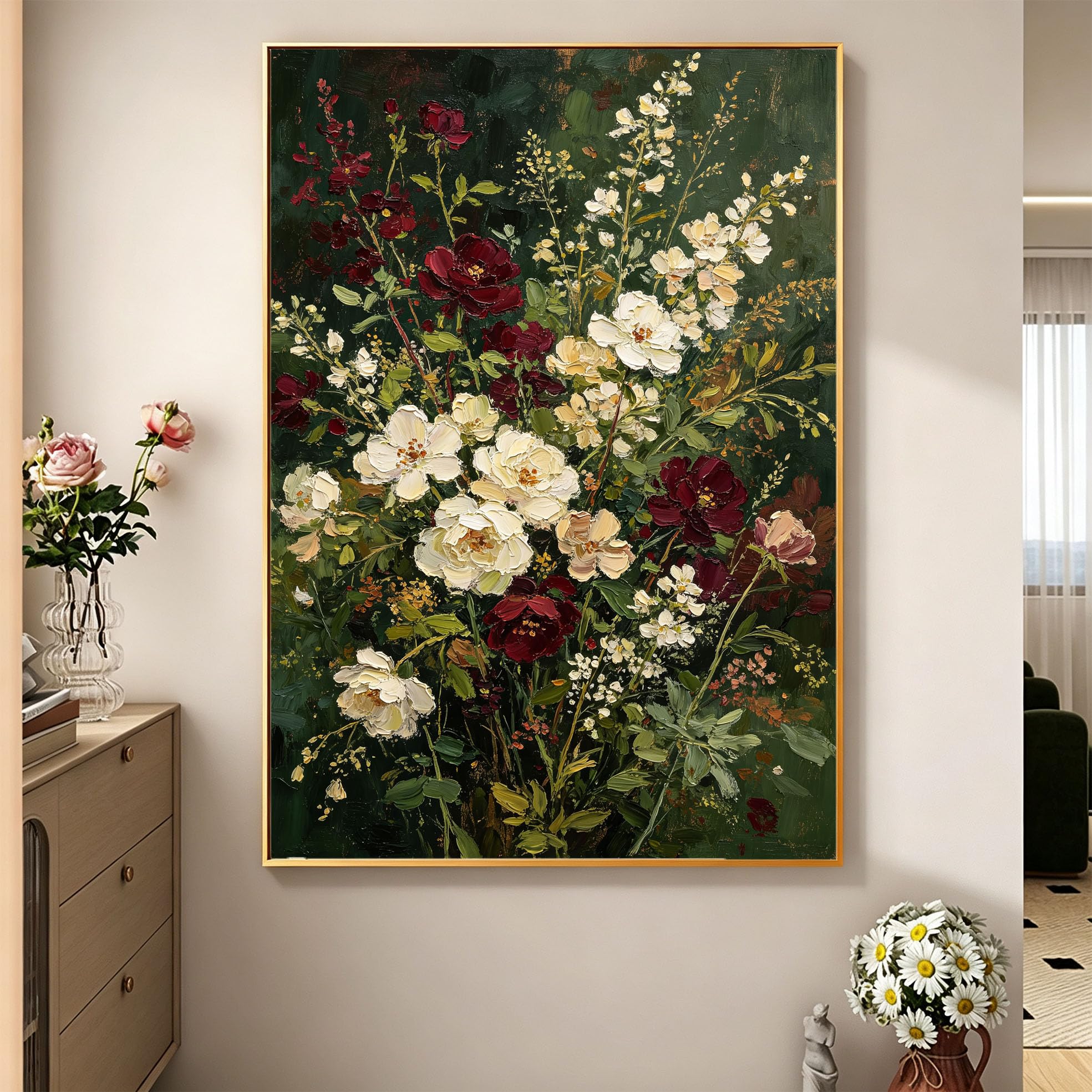 Großes Leinwand Ölgemälde, Schlichtes Blumenmotiv, Rahmenloses Wandbild, 100% Handgemaltes Blumen Ölgemälde, Ästhetisches Botanisches Kunstwerk Für Wohnzimmer Und Schlafzimmer, 50 X 70 Cm (2