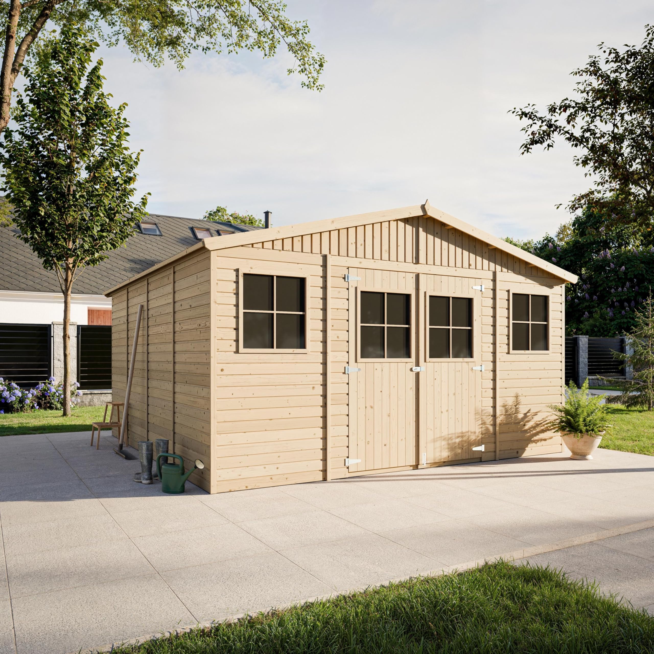 Abri de Jardin en Bois Naturel - Stockage extérieur avec fenêtres- H246 x 418 x 420 cm/ 16 m²- Hangar en Bois Naturel - Atelier Rangement Outils et vélos- TIMBELA M330
