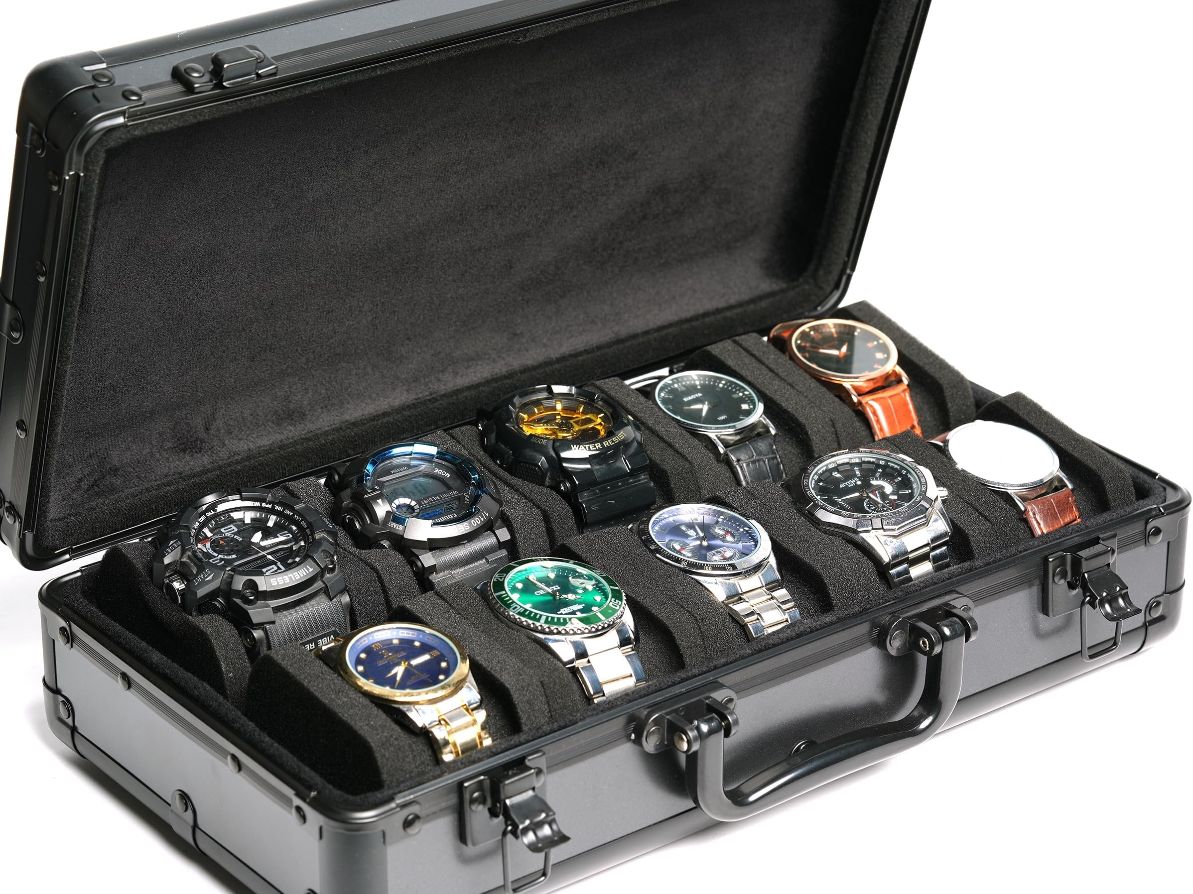 10 slots Aluminum watch organizer Travel Case, Hard Carry Case Storage and Organizer for Men and Women, with anti-move watch pillow (Black 10 slots)