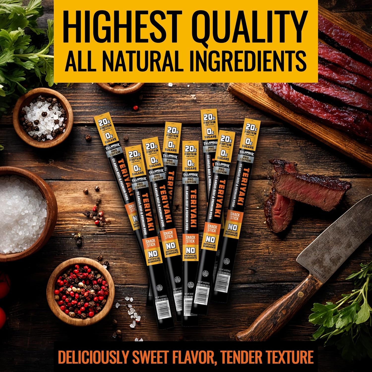 Tillamook Country Smoker PRO Edition Meat Sticks, Zero Sugar, Teriyaki, 2 Oz (8 Sticks) Real Hardwood Smoked Sausages, Angus Beef and Pork, High Protein, Individually Wrapped Keto Snack for Athletes