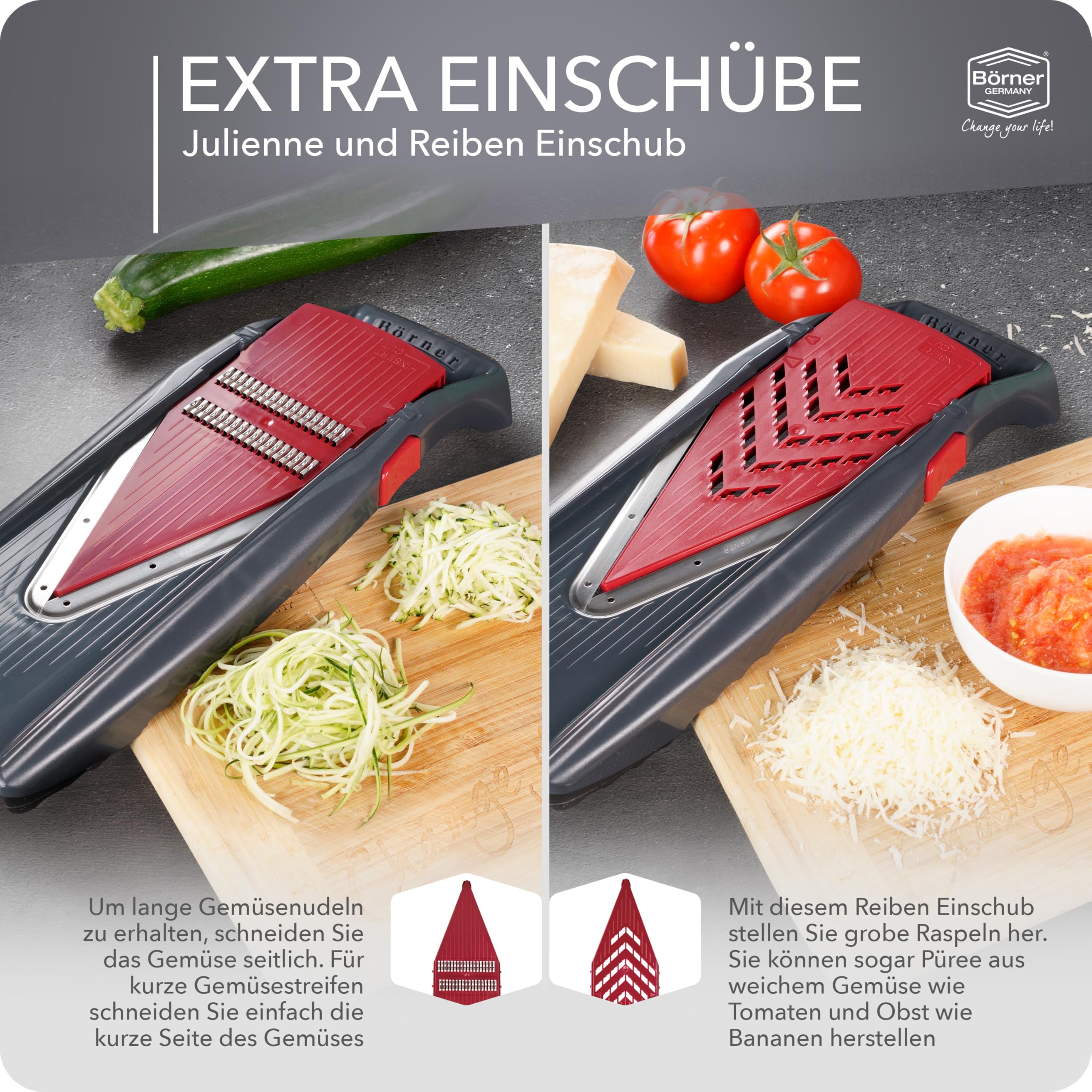 Börner Gemüsehobel Vital (Profi Set) • 12 Schnittarten • Gemüseschneider Edelstahl • Mandoline mit Dressing-Funktion • V-Hobel für Scheiben, Julienne Streifen, Würfel & Gemüsespaghetti