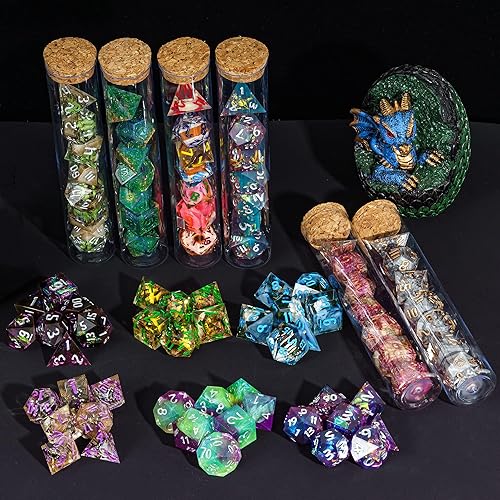 Miniatura 9 de CRITALLIC Dados DND de bordes afilados, 7 dados poliédricos de galaxia con inclusiones de purpurina, dados D&D hechos a mano para juegos de mesa de