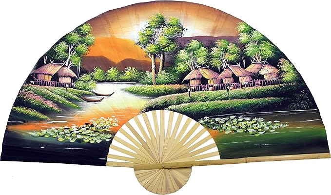 Village Landscape Folding Wall Fan Hand-painted Wall Decor Art (40 inch wide, Golden Village)