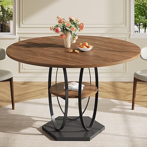 Mesa de comedor redonda de 47 pulgadas para 4-6 personas, mesa de madera moderna con base de pedestal de metal resistente, fácil montaje, mesa de
