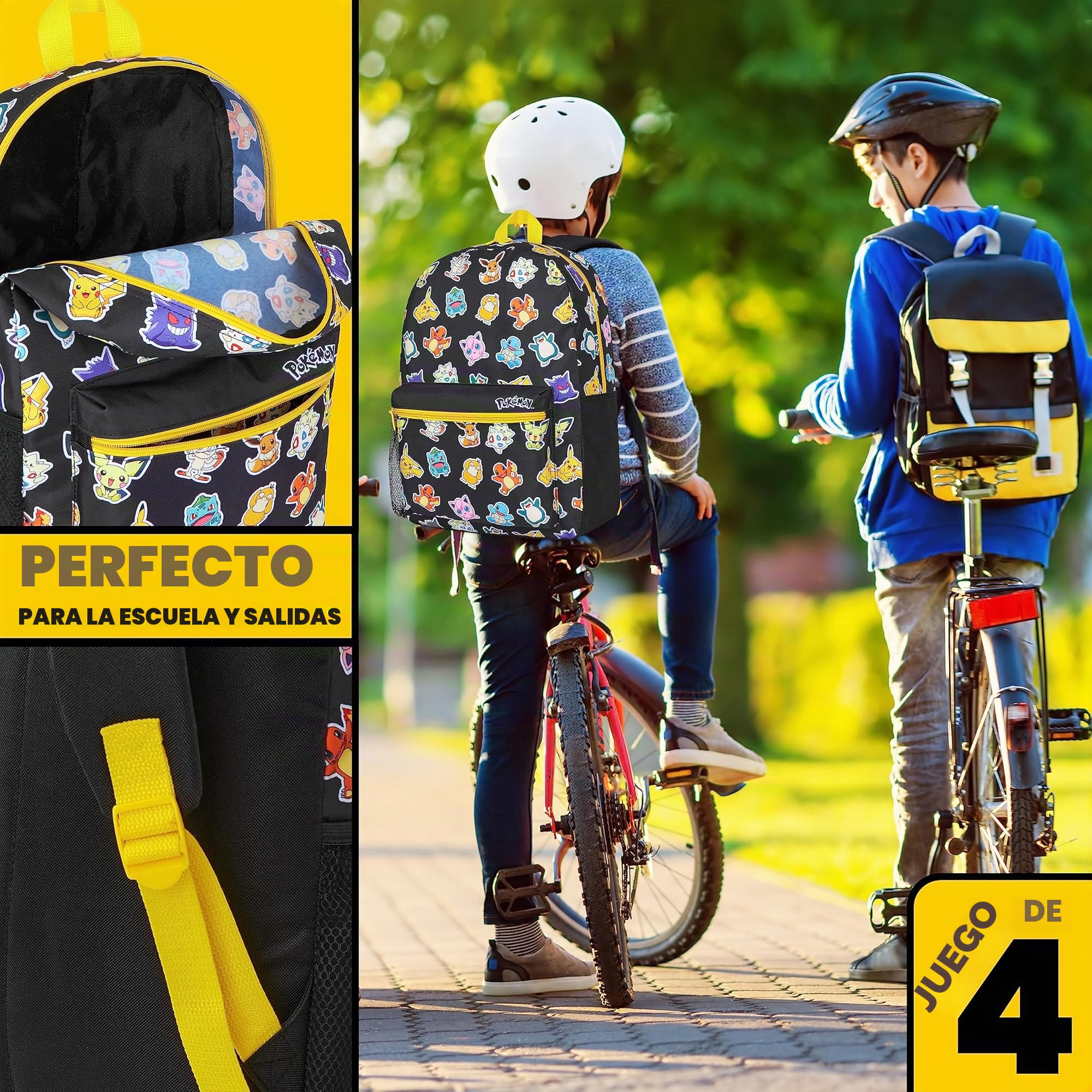 Pokémon Mochila Escolar Set Mochilas Escolares 4 Piezas con Botella de Agua Bolsa Almuerzo Estuche Infantil o Cartera Anime Material Escolar (Negro/Multi Set 4 Pzs)