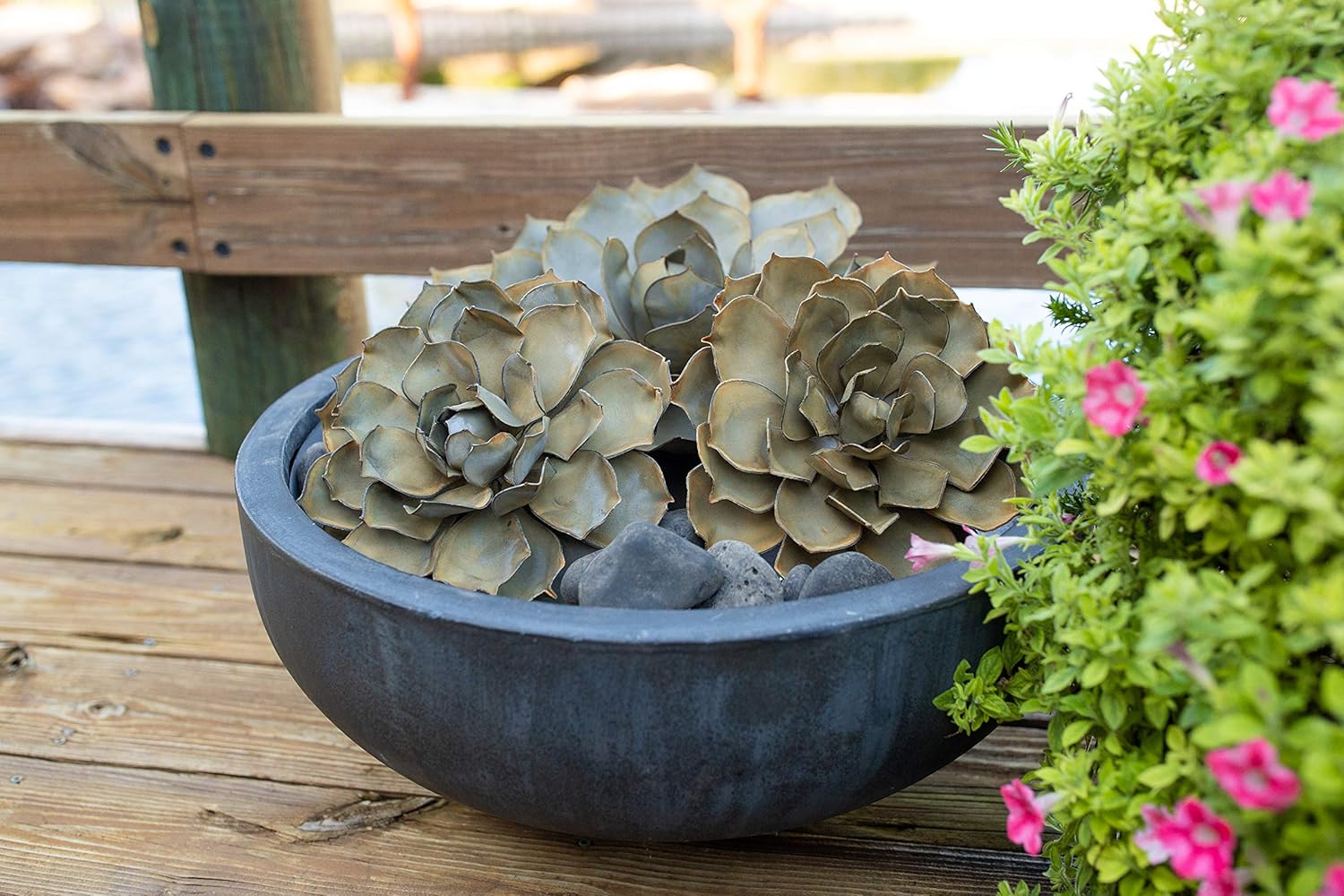 Desert Steel Blue Rose Succulent Statue – (Large - 20" W) - Artificial Metal Plant Decor - Cactus Indoor Outdoor Decoration - Sculpture for Tabletop Windowsills Garden Yard Fence - Handmade Gift