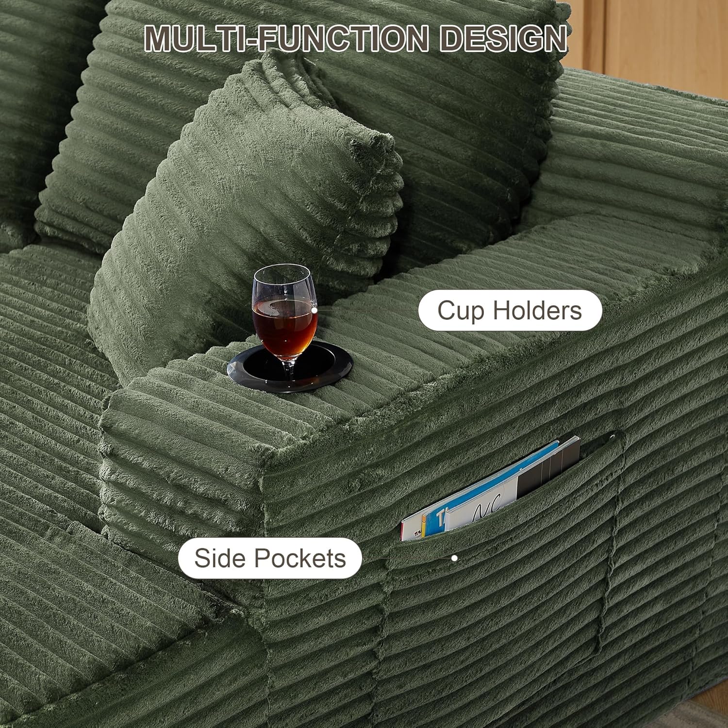 134" W Boneless Sectional Couches for Living Room, Oversized U Shaped Modular Cloud Sofa, Corduroy Foam Compressed, Cup Holders & Side Pockets for Apartment Large Spaces, Green