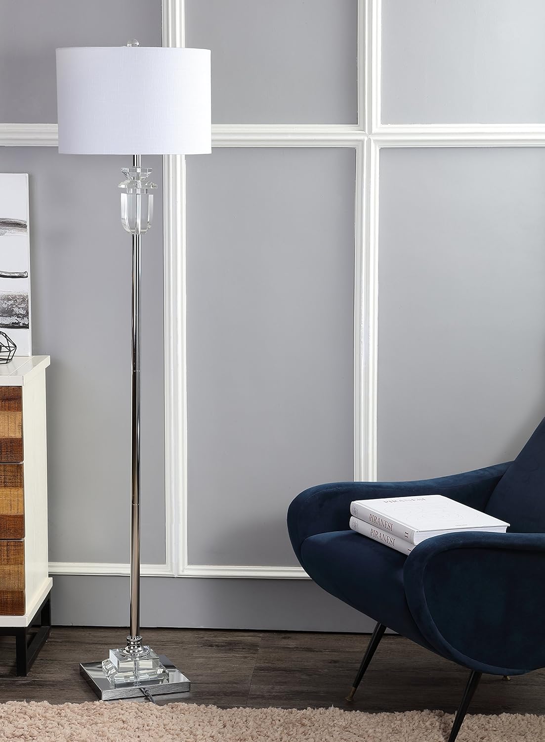 JONATHAN Y 63" Clear/Chrome Faceted Crystal and Iron LED Floor Lamp, Contemporary Glam Standing Lamp with White Linen Drum Shade for Living Room, LED Bulb Included JYL1046A