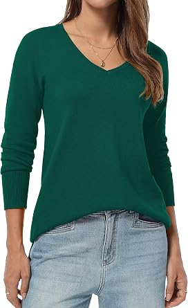 QUALFORT Womens Long Sleeve Sweater Cotton Tunic Lightweight V Neck Soft | Soft Cotton Blend Fabric Not Scratchy Side Slits Casual Lounge Pullovers Rib Cuffs Hem Loose Fit Tops Machine Wash