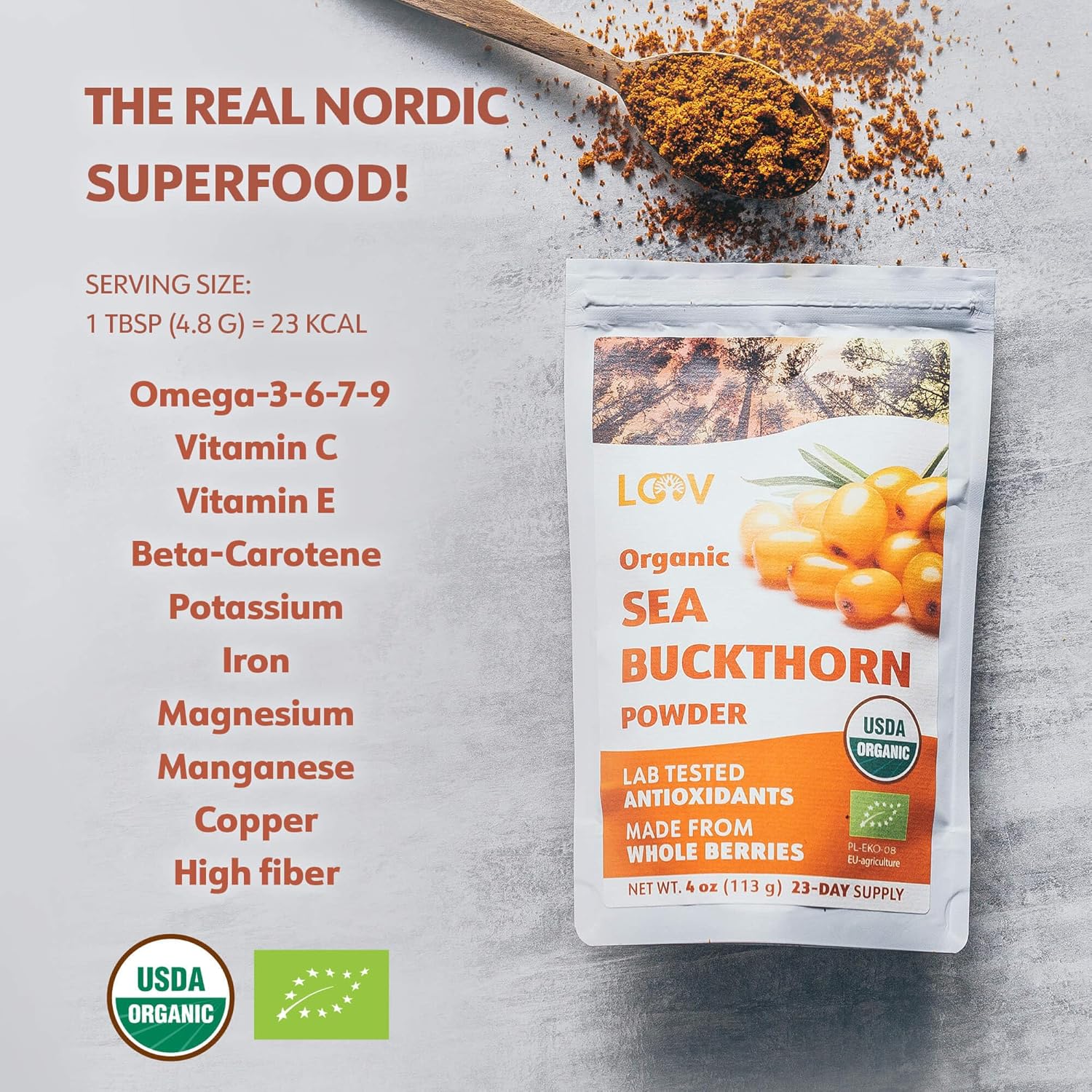 LOOV Organic Sea Buckthorn Berry Powder, High in Fiber, Omegas, Vitamin C, Vitamin E, Made from Whole Berries, 4 Oz, Grown in Nordic Climate, 23-Day Supply, No Added Sugar, Non-GMO