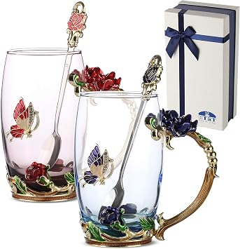 BTaT- Floral Glass Tea Cups with Spoon Set, Pack of 2, 11 oz, Blue & Red, Butterfly & Flower Design with Gift Box, Fancy Tea Cups, Dishwasher Safe