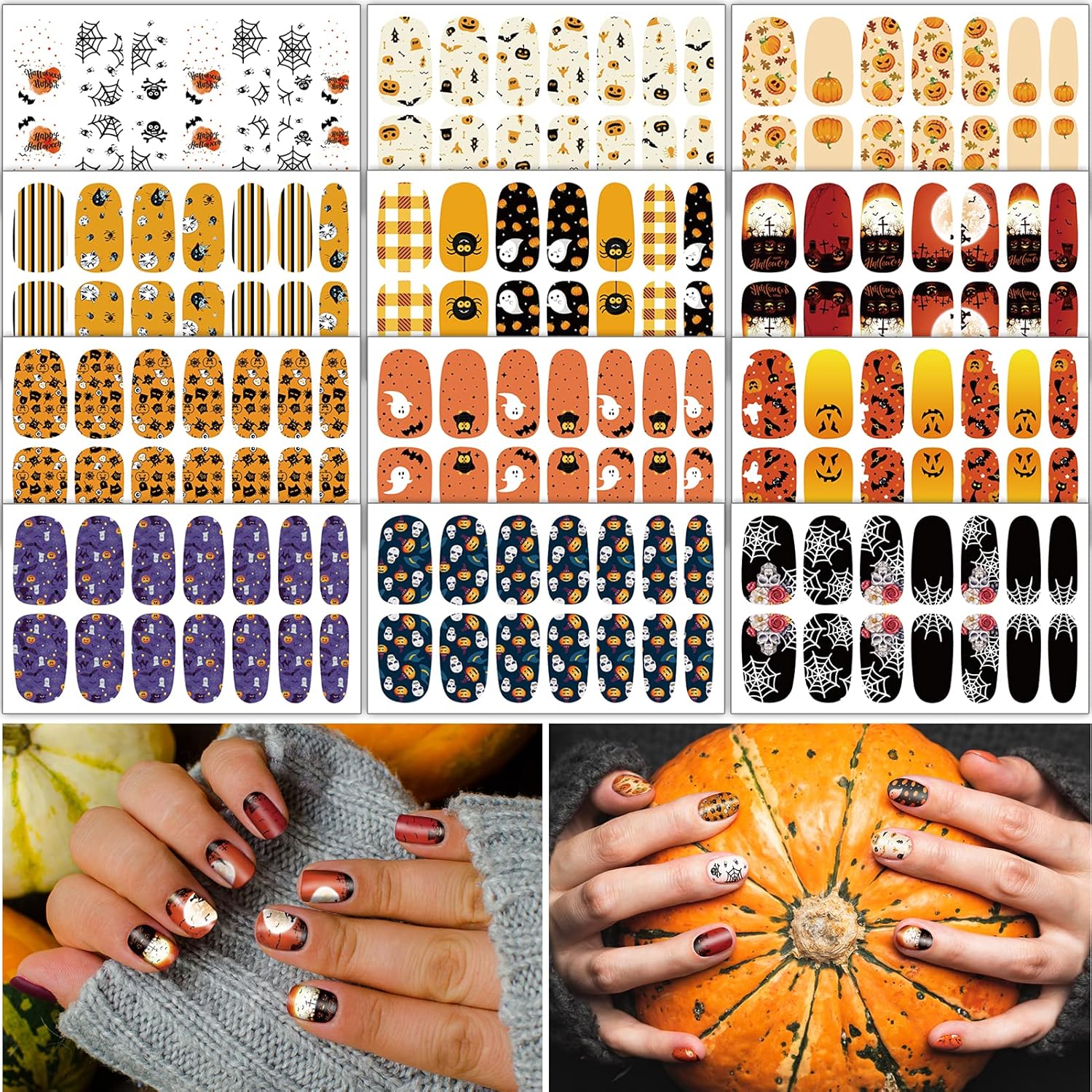 TailaiMei 12 Sheets Halloween Nail Wraps Stickers Nail Polish Strips Self-Adhesive Full Wraps with 2 pcs Nail Files for DIY Nail Art Decals (Pumpkin Style) : Beauty & Personal Care