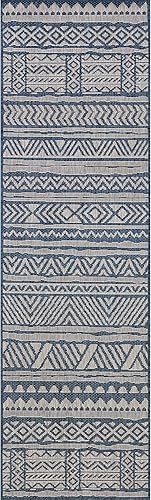 Miniatura 6 de nuLOOM Abbey - Alfombra tribal a rayas para interiores y exteriores, 2 x 8 pies, color azul