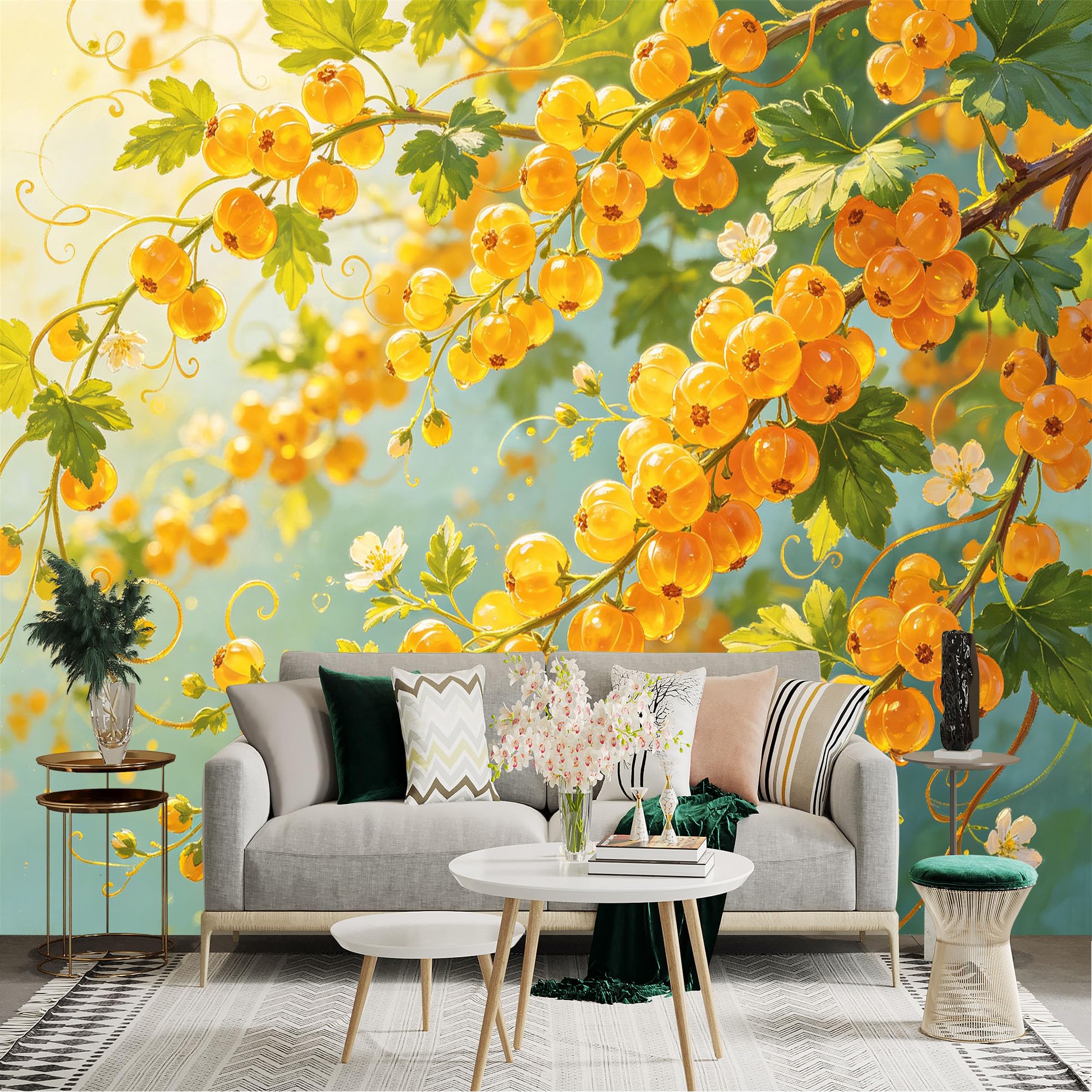 Lnzczhyre Dbh260521039 Custom Size Wall Sticker Mural， Ripe Yellow Currant Berries， Fresh Fruit Branch， Sunny Garden Botanical Art， For Wall Decoration， Peelandstick Wall Decals.