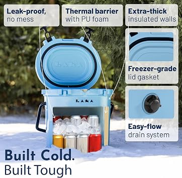 LAKA Small Cooler - 20 Quart Rotomolded Hard Ice Chest, Insulated Cooler for Beach, Camping, Travel & Fishing, Holds 18 Cans + 25 lb Ice, Up to 5 Days Cold, Drain Plug, Cup Holders, Bottle Opener