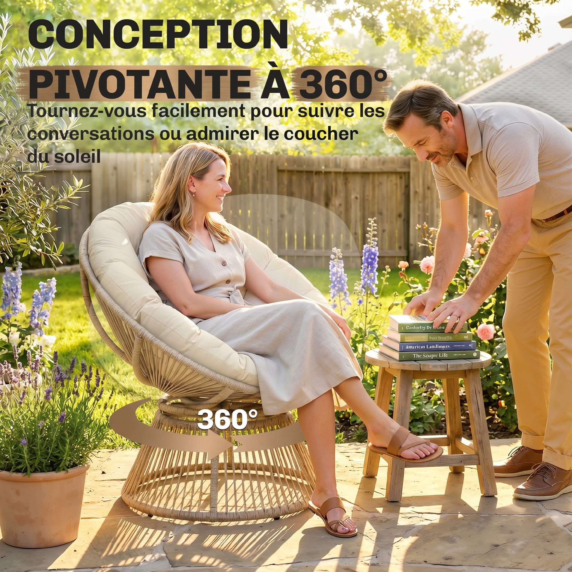 Outsunny Fauteuil Papasan Pivotant 360° avec Coussin Moelleux 12cm Fauteuil de Jardin en Polyrotin et Acier Siège Rond Relaxation pour Salon, Terrasse et Balcon Naturel