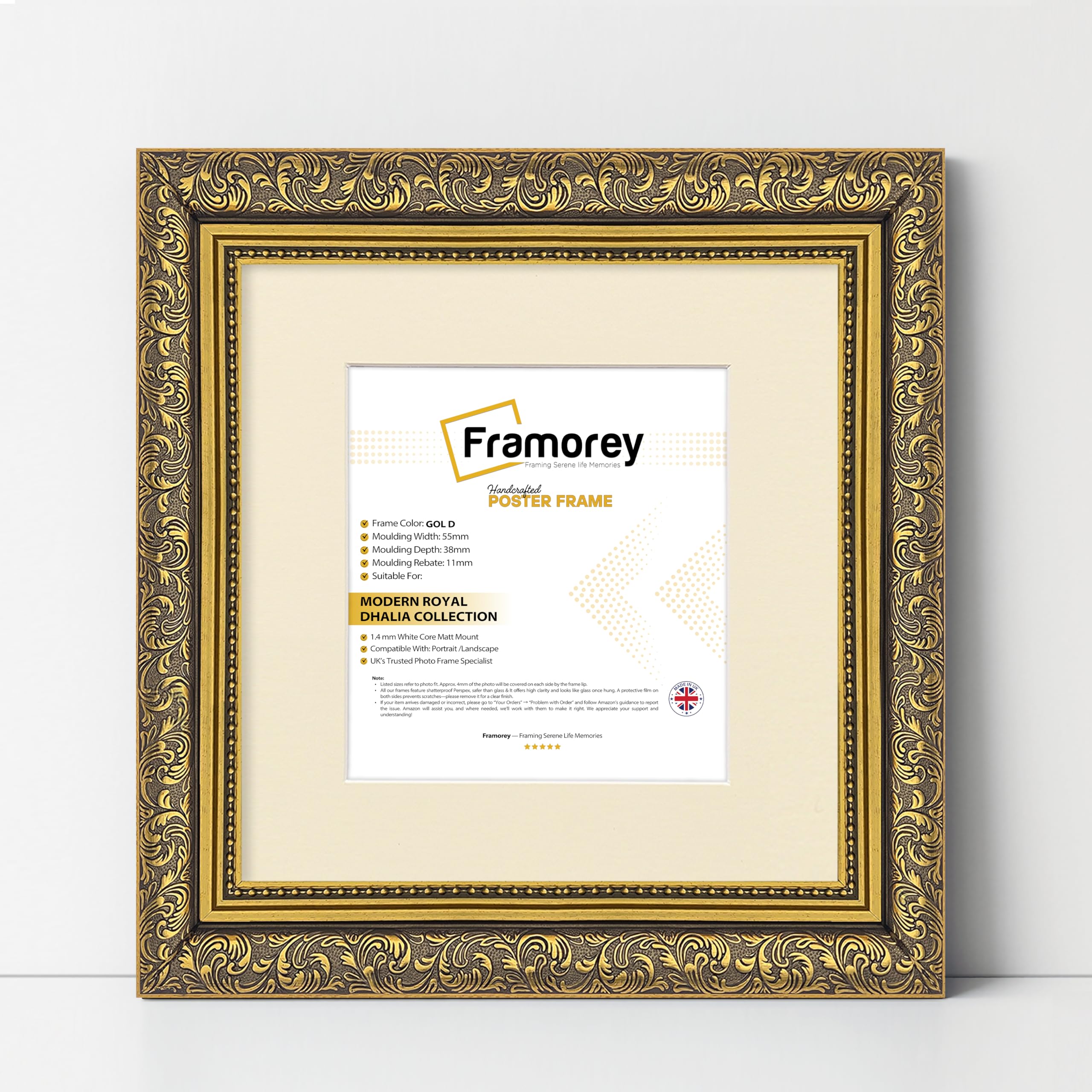 Framorey Framing Serene Life Memories Gold With Ivory Mount Framorey Square Size Picture Frame, 7X7" Size Gold Photo Frame With 5X5" Size Ivory Mount, Dahlia Ornate Effect Wall Art Poster Frame, Casual Wall Art Frames