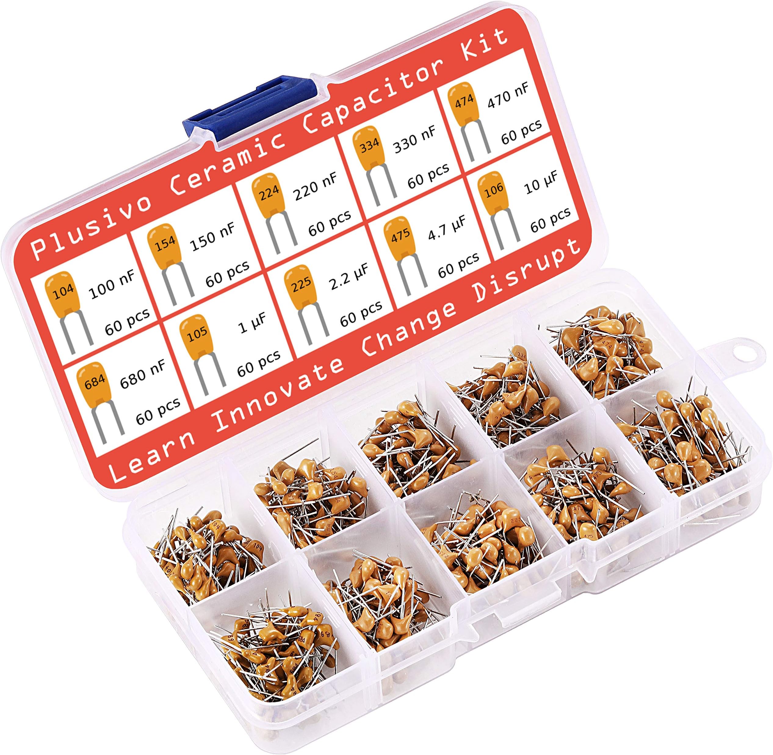 Ceramic Capacitor Assortment Kit - Set of 600 Small Assorted Capacitors from 100 nF to 10 uF in a Box - Non-Polarized Disc Capacitor Component Set from Plusivo