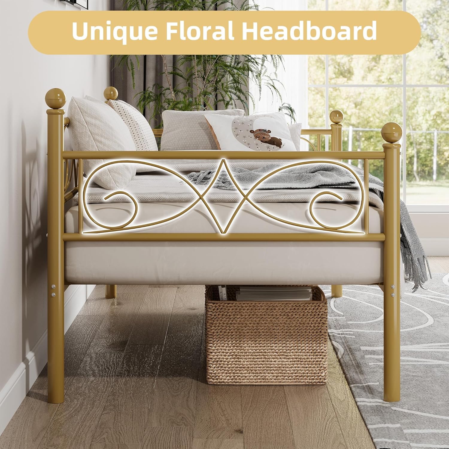 GarveeHome Gold Daybed, Twin Size Metal Day Bed with Floral Headboard, Modern Metal Sofa Bed Frame, Heavy Duty Steel Slats Supports, for Living Room, Guest Room