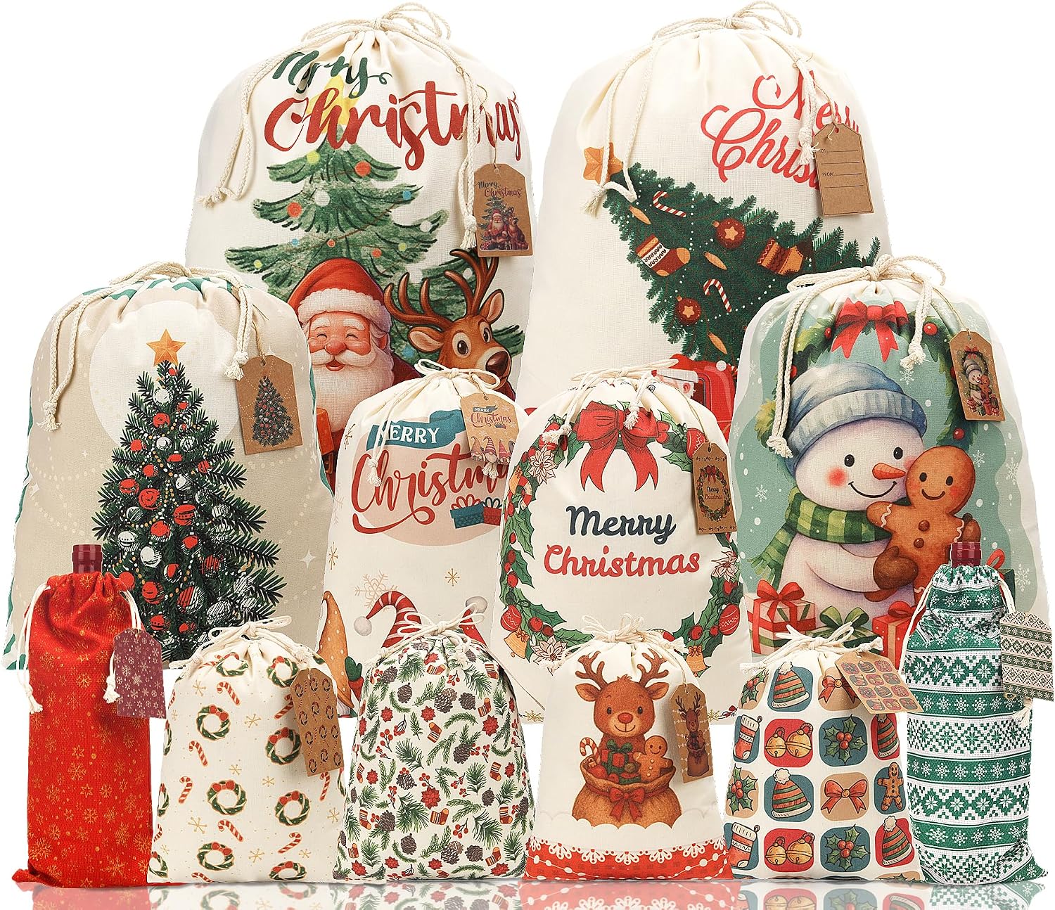 AhfuLife 12Pcs Christmas Drawstring Gift Bags, Reusable 5 Sizes Xmas Canvas Bags with 12 Pcs Gift Tags, Large Christmas Sacks for Gift Present Party Decorations