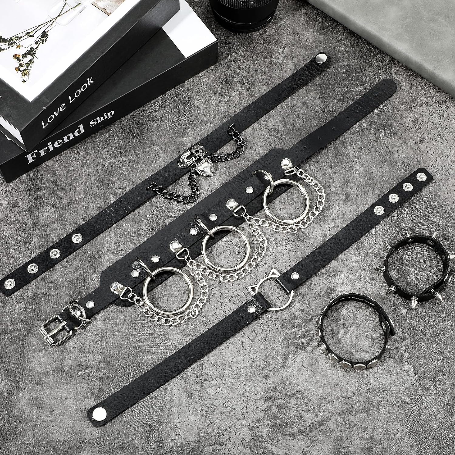 Black Punk Goth Choker Necklace & Spiked Studded Bracelets Set, 9 Adjustable PU Leather Collars & 6 Rivet Spiked Cuffs, Gothic Rock Metal Wristband for Daily Wear Cosplay Festival