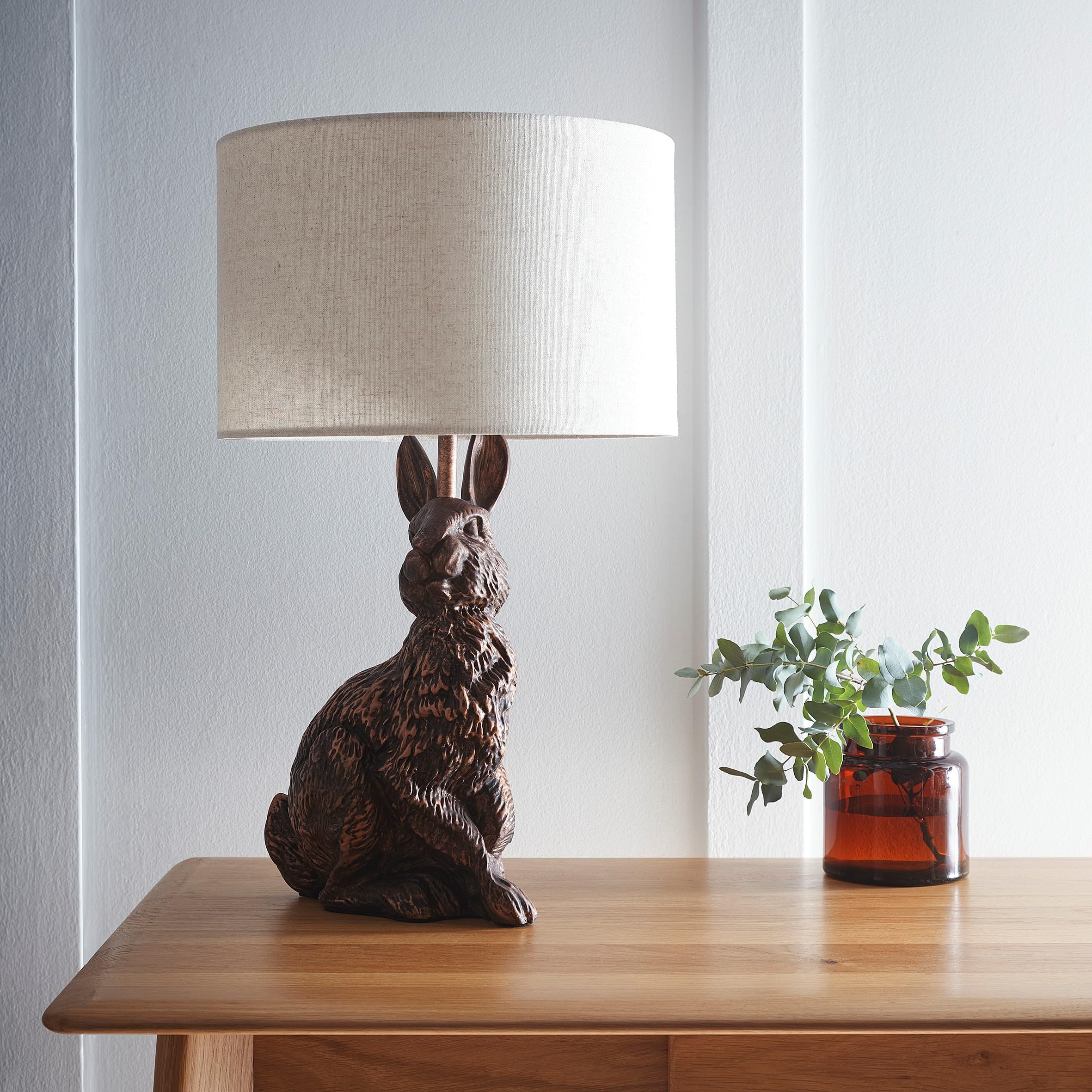 Bunny AntiqueCopper Resin Table Lamp with Linen Shade Elegant Everyday Lighting Solution for Any Room in Your Home | Perfect for Bedside, Console, and Entrance Tables