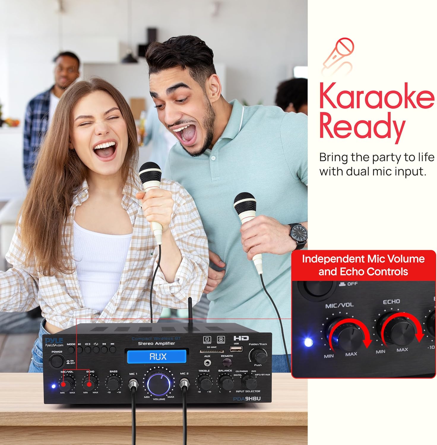 Two people singing into microphones connected to the Pyle PDA9HBU ampөмүрлүү