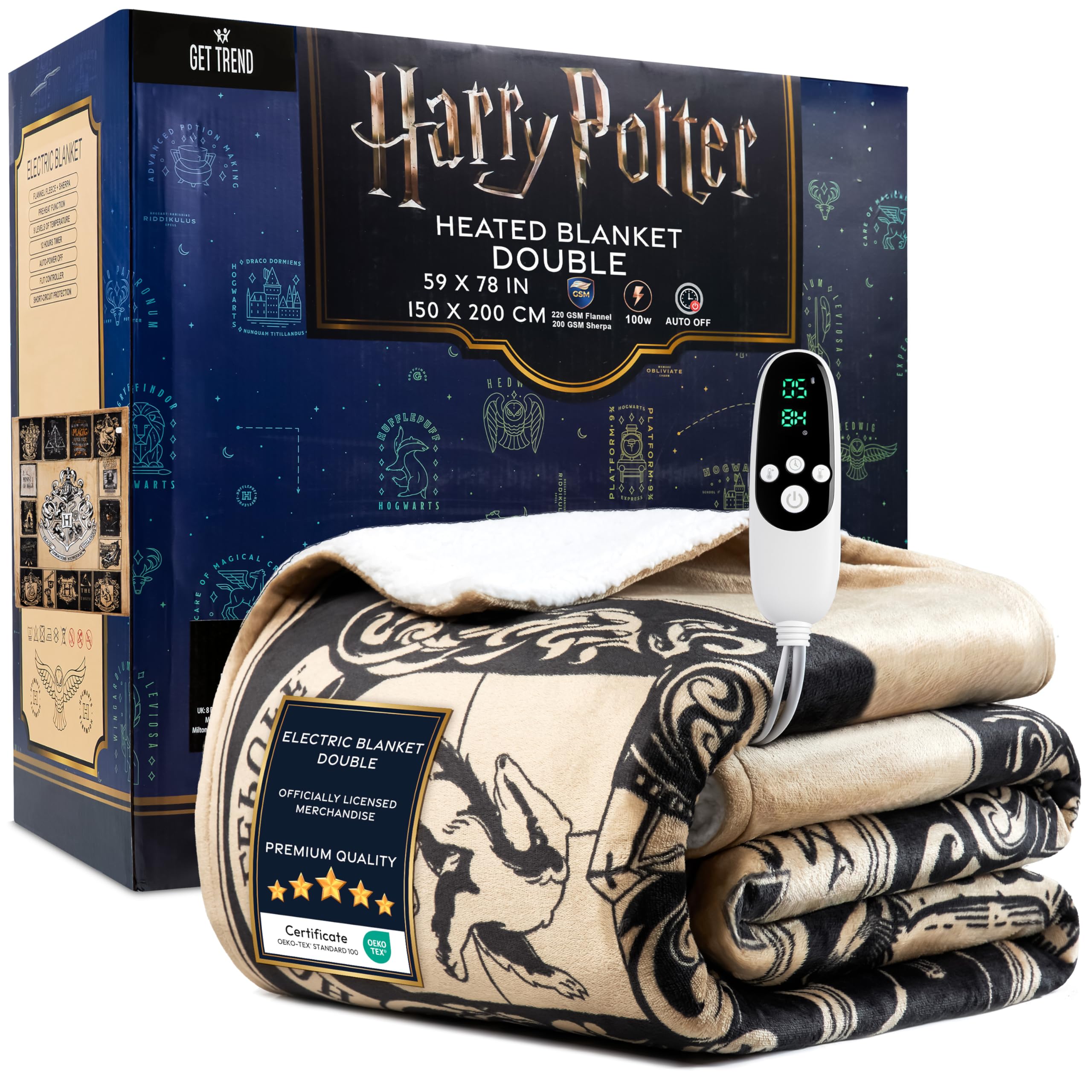 Harry Potter Electric Blanket 150x200cm, Double Size Soft & Luxurious Sherpa Fleece Heated Blanket, 9 Heat Settings & 12-Hour Auto-Off Timer (Multi Harry Potter, Double UK)