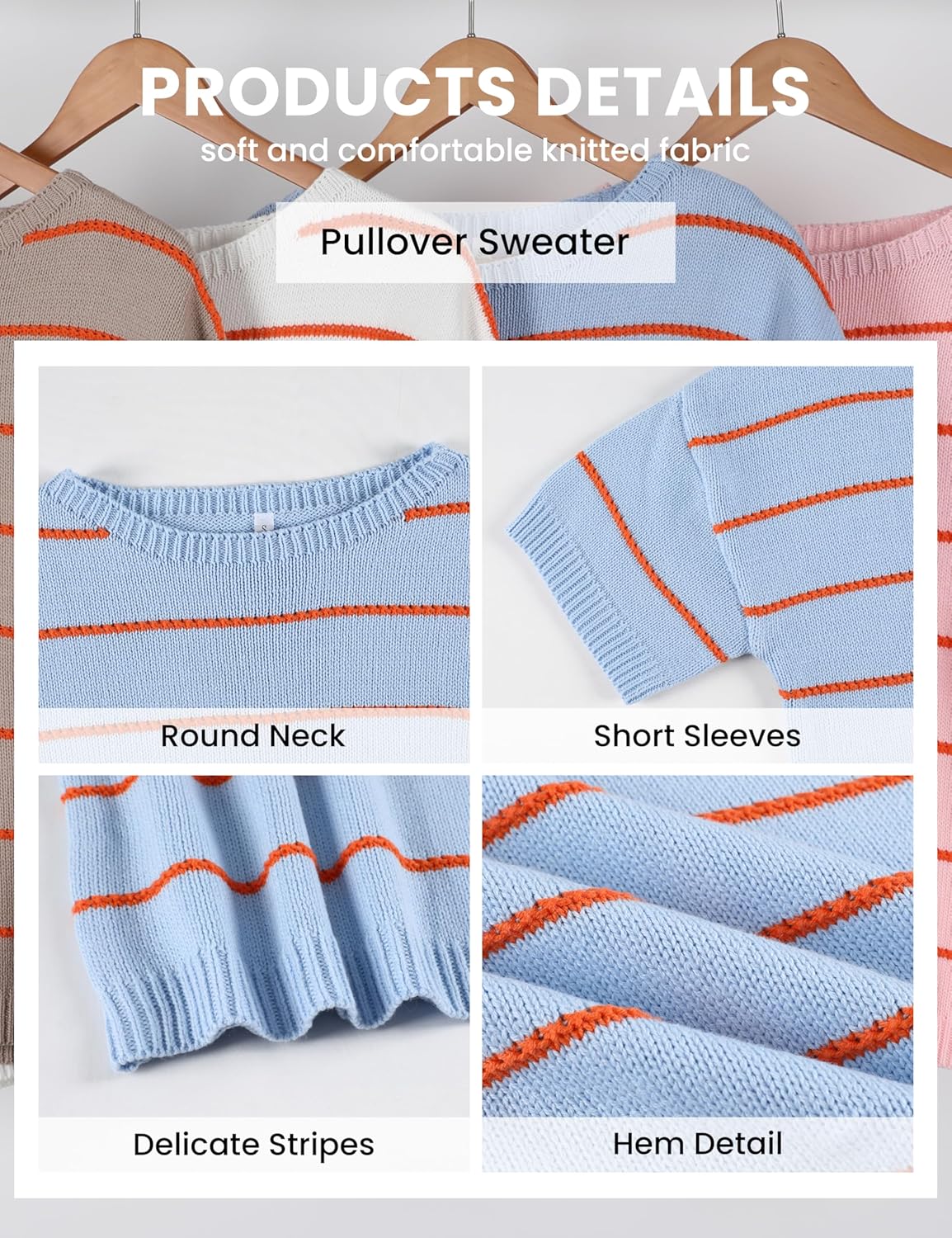 QIBABU Womens Short Sleeve Striped Sweater Top Casual Crewneck Lightweight Shirt Spring Summer Cropped Knit Tops