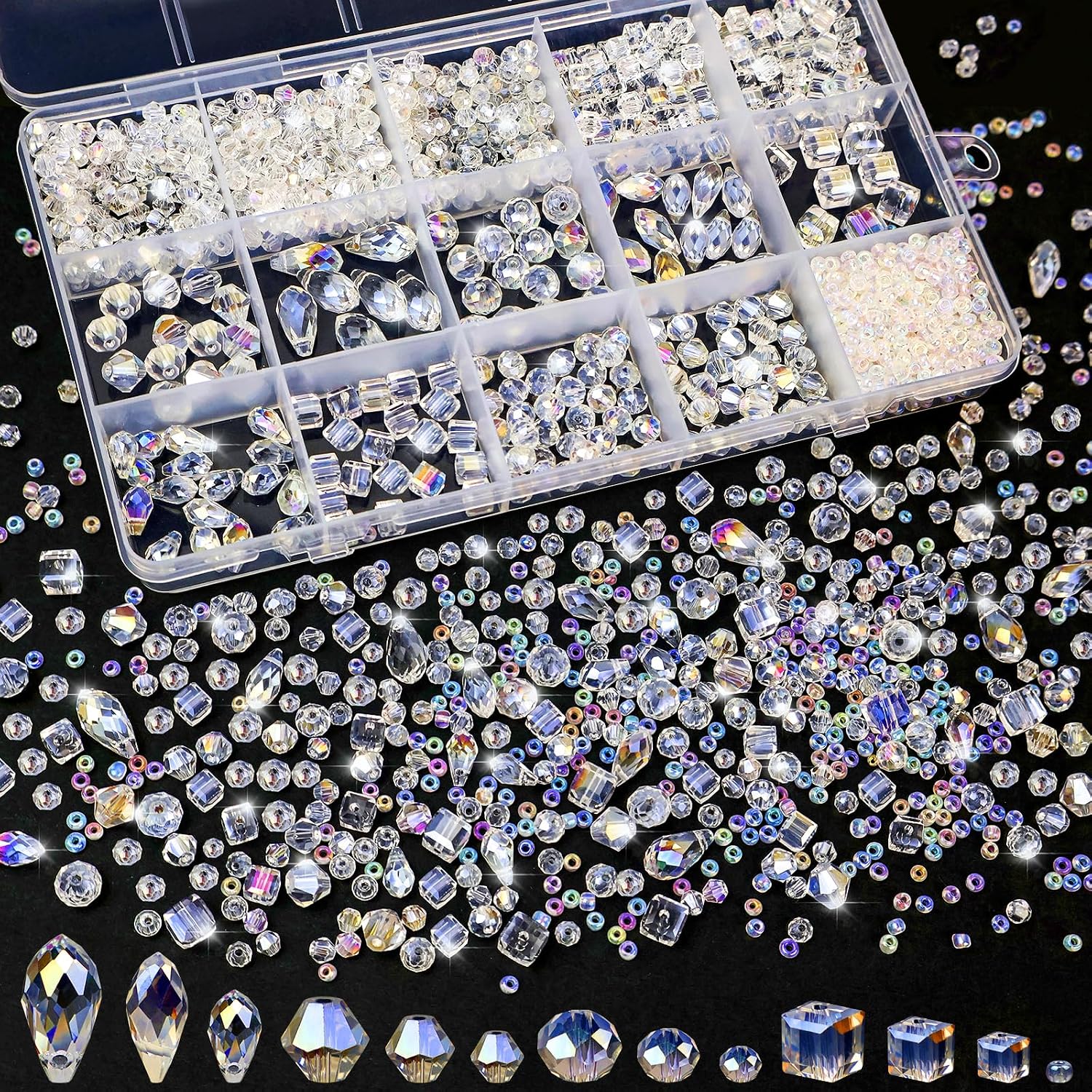 CHRORINE 2000PCS Crystals Glass Beads for Jewelry Making 13 Styles Crystals Beads Jewelry Making Supplies for Hand Made Crafts Necklace Bracelets Earring Making Kit (White)