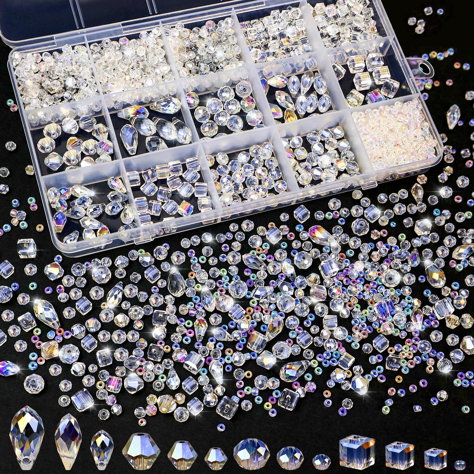 CHRORINE 2000PCS Crystals Glass Beads for Jewelry Making 13 Styles Crystals Beads Jewelry Making Supplies for Hand Made Crafts Necklace Bracelets Earring Making Kit (White)