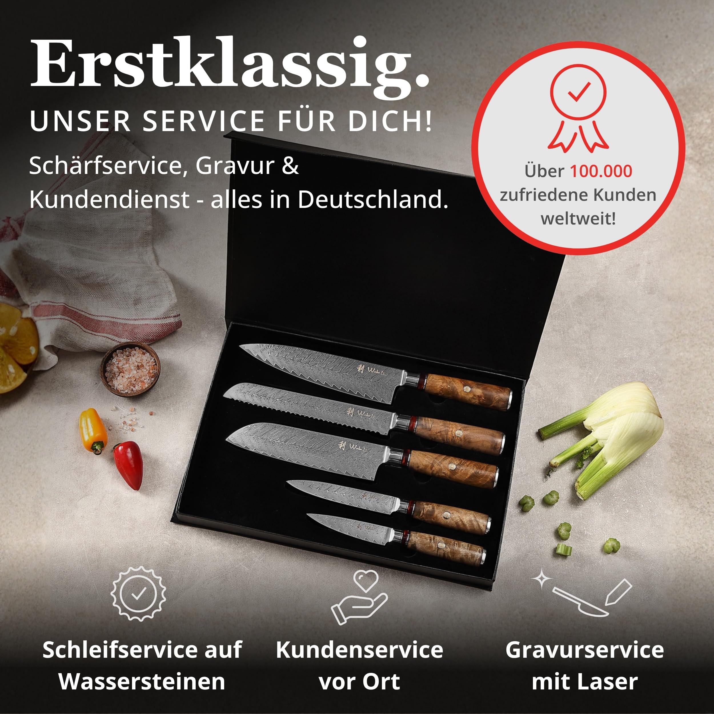 Wakoli Culinary Sycamore Messerblock Set, 5 Messer aus 67 Lagen Damaststahl | Kochmesser, Brotmesser, Santoku, Allzweck- und Officemesser mit VG10 Kern, Berghorngriffen und Magnetblock aus Akazienholz