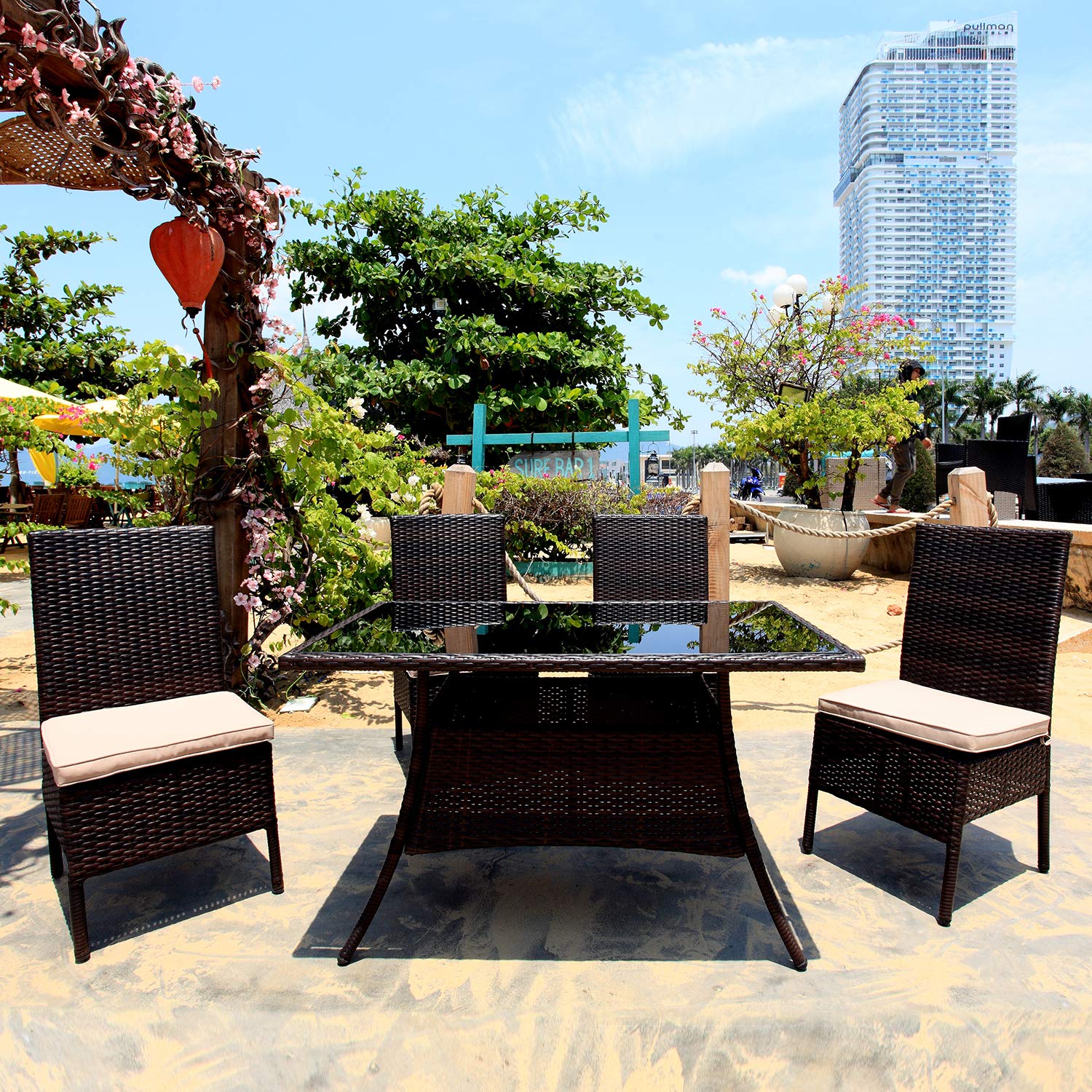 M&W 5 Piece Outdoor Dining Set, PE Wicker Rattan Patio Furniture, 4 Cushioned Chairs and 1 Rectangle Table with Tempered Glass Top for Garden, Backyard, Porch, Balcony, Lawn, Poolside