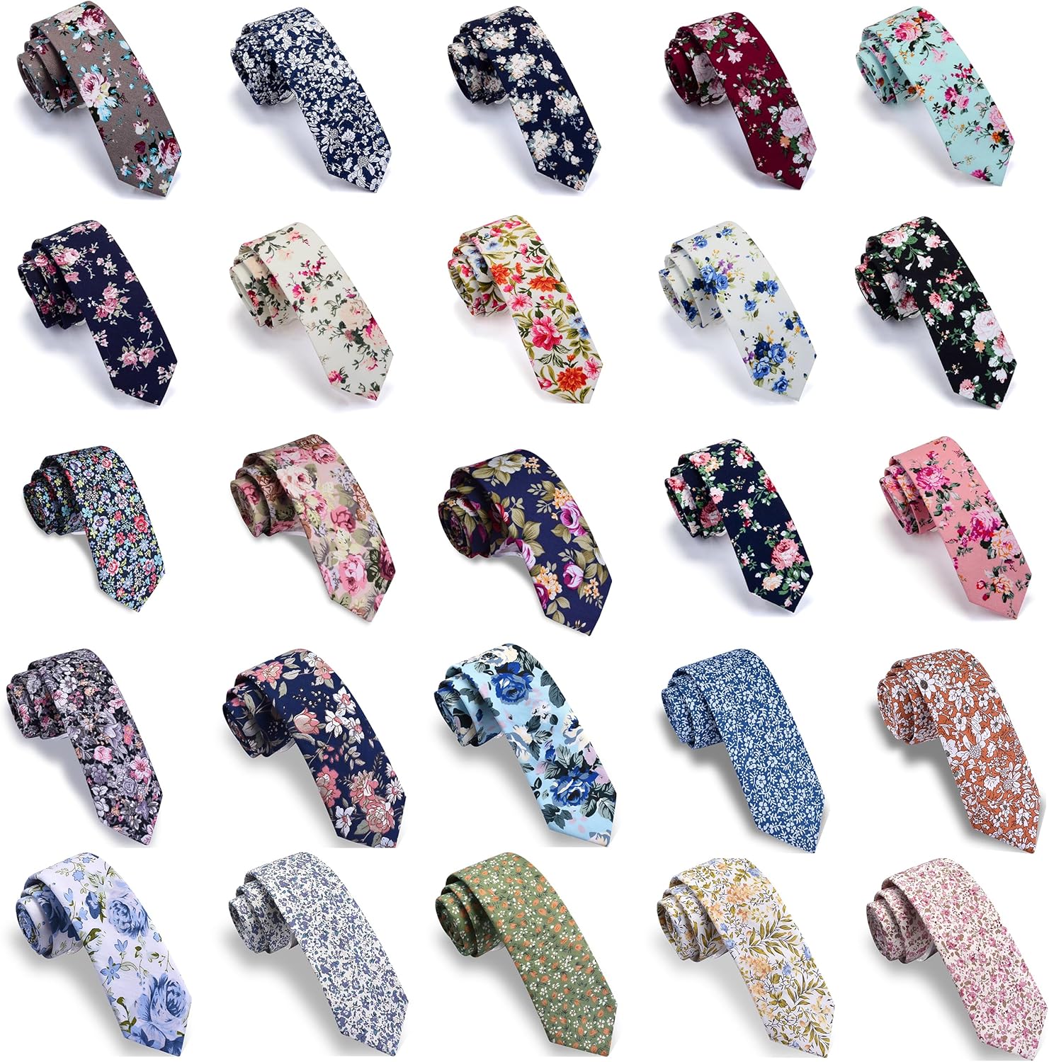 GUSLESON Fashion 2.4"(6cm) Floral Skinny Tie for Men Slim Flower Print Cotton Necktie for Wedding Party - Image 3