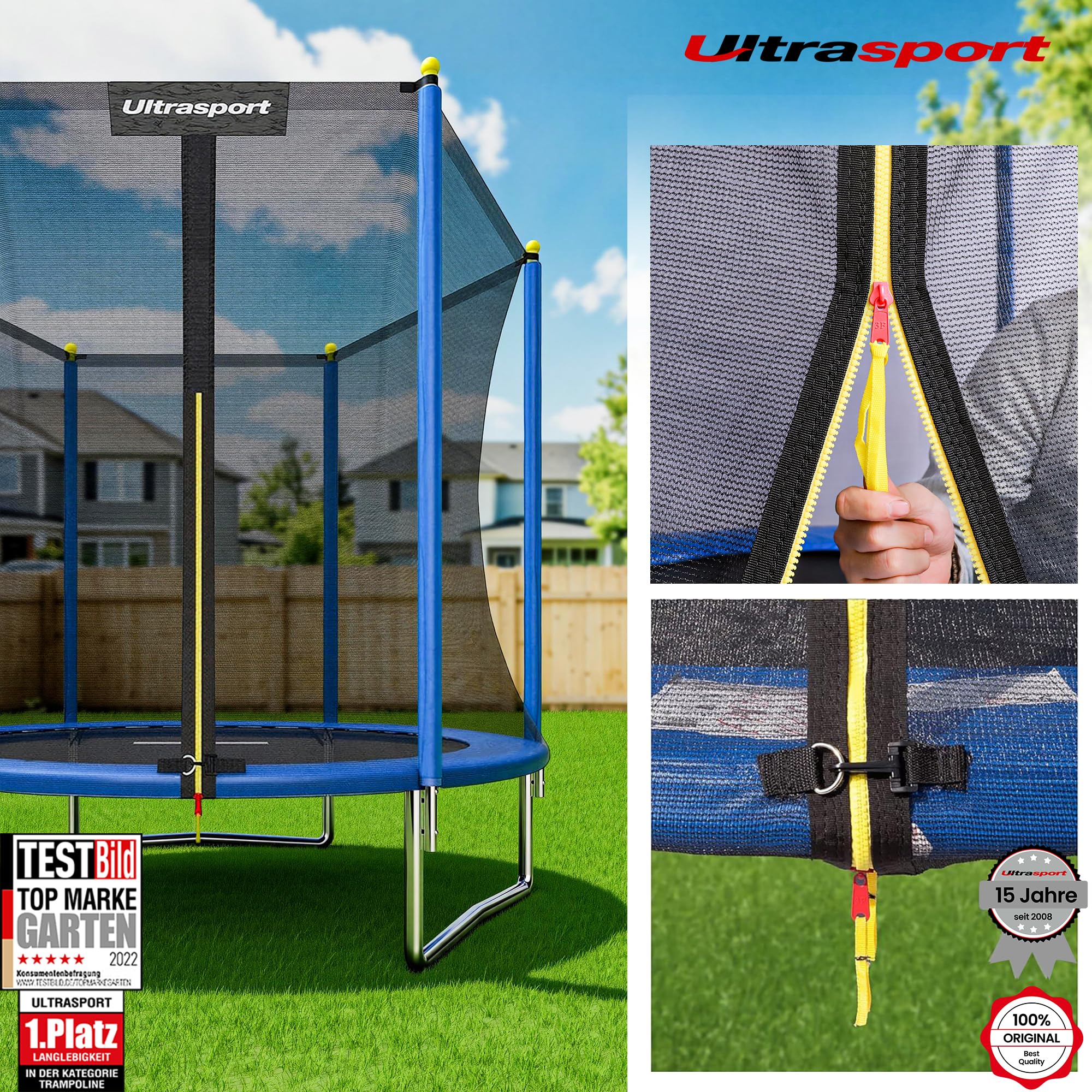 Ultrasport Uni-Jump Cama Elástica para Niños Exterior y Interior Ø 140/183 / 244/305 / 366/460 cm hasta 150 kg con Red de Seguridad, Acolchado y Kit de Montaje I Trampolines para Niños