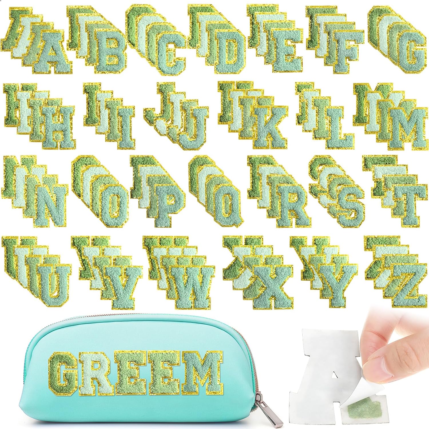 Jutom 104 Pcs Self Adhesive Chenille Letter Patches Chenille Stick on Embroidered Patch for Clothing Jackets Backpacks Hats(Fresh,Green)