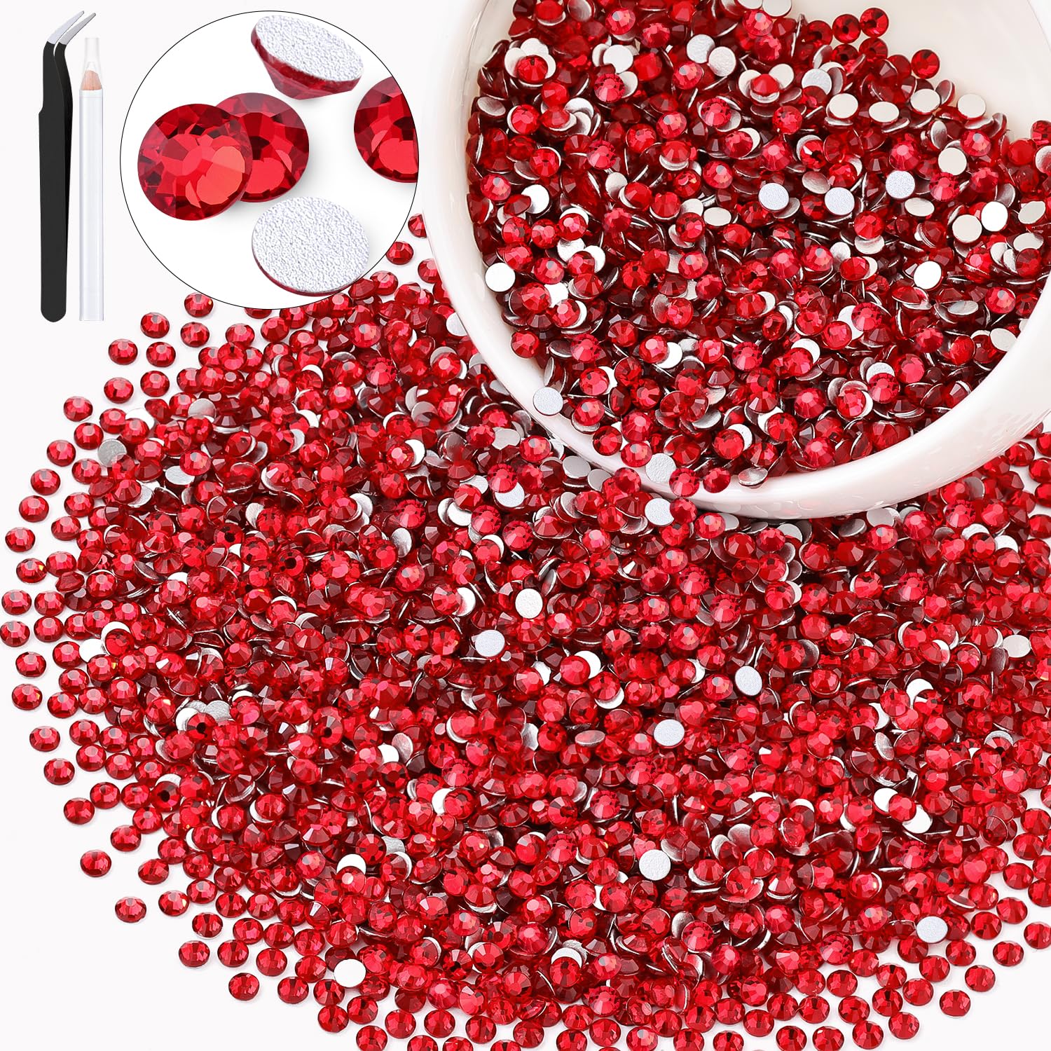 3000PCS SS12/3mm Crystal Rhinestones (Red/Siam), Bedazzling Flatback Glass Rhinestones for Crafting DIY Nail Art Makeup Decoration, Gems Diomand