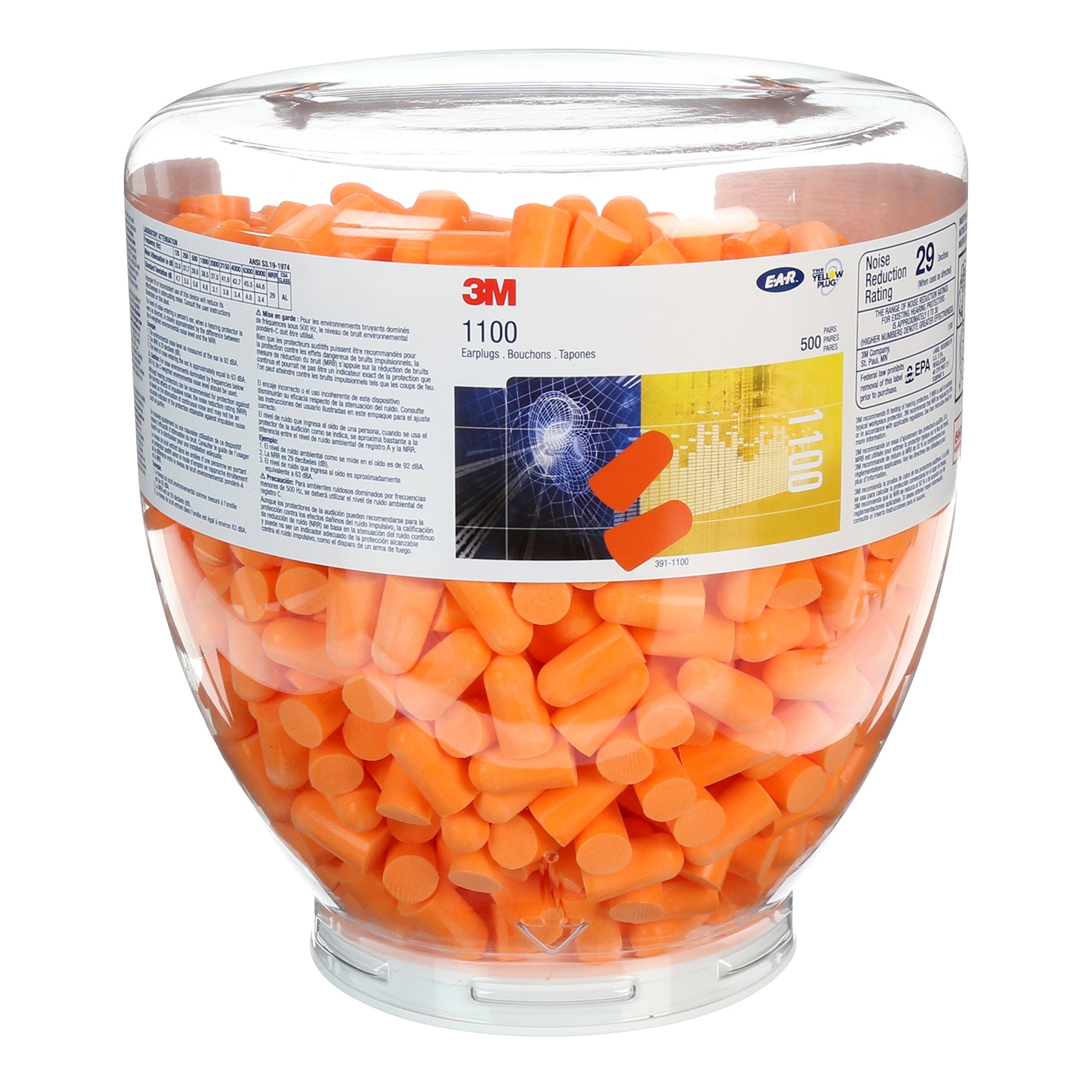 3M Earplugs, Refill Bottle, 37 dB, Uncorded, 500 Pairs/Box, 1100D