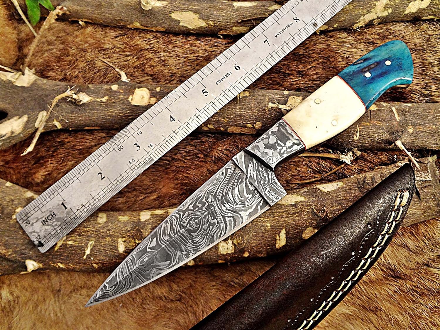 9" Long Hand Forged Damascus Steel Full Tang Skinning Knife, Blue & White Camel Bone Scale with Bolster Cow Hide Leather Sheath