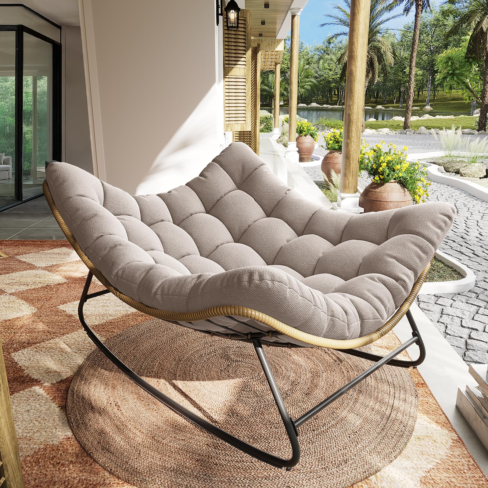 VONZOY Outdoor Rocking Chair, Indoor Papasan Chair, Oversized Egg Rocking Chair with Thick Cushion, Rattan Wicker Rocker Lounge Chair for Bedroom,