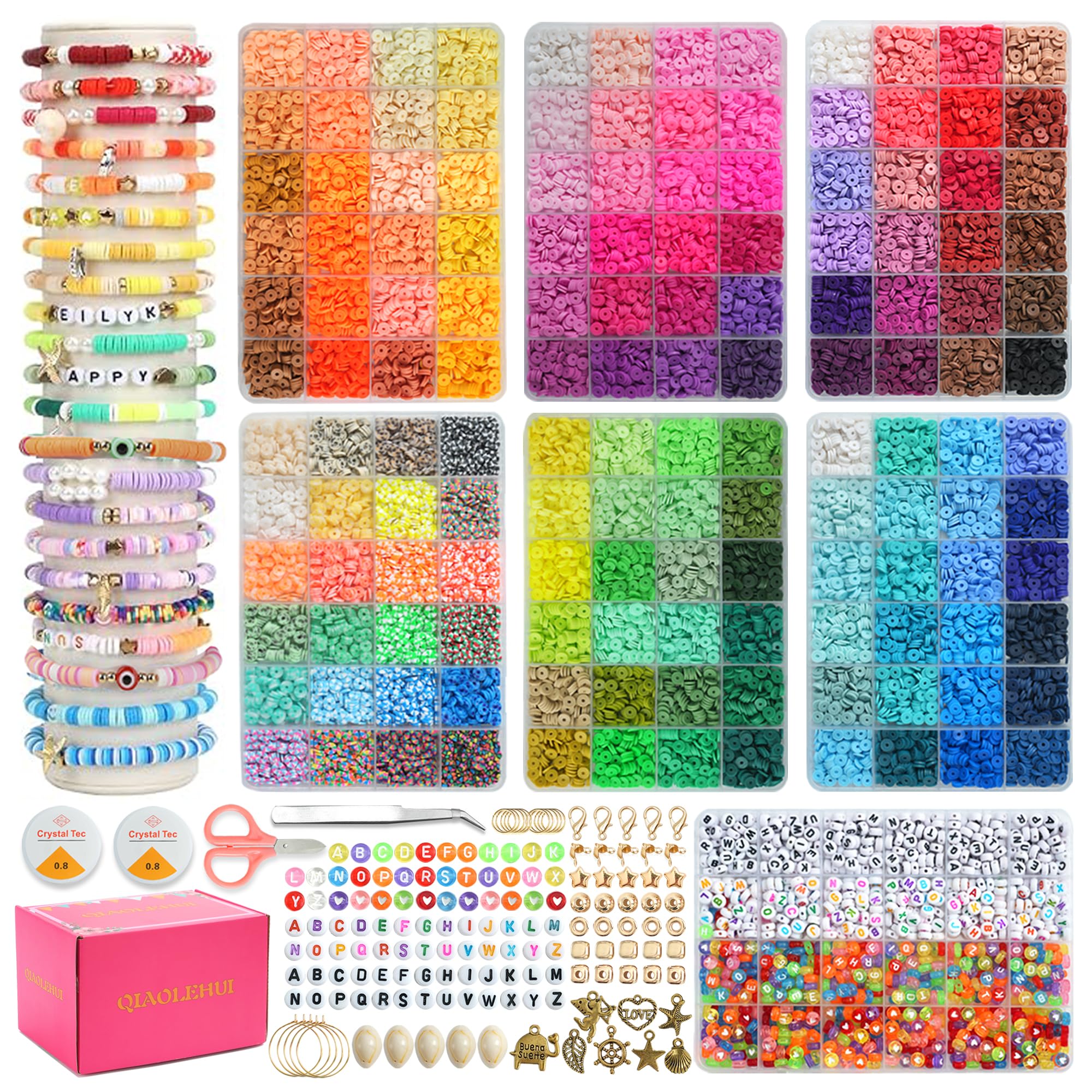 18480pcs Clay Beads and Letter Beads Kit for Bracelet Making 144Colors Flat Round Polymer Clay Beads 6mm Spacer Heishi Beads for Jewelry with Gift Box