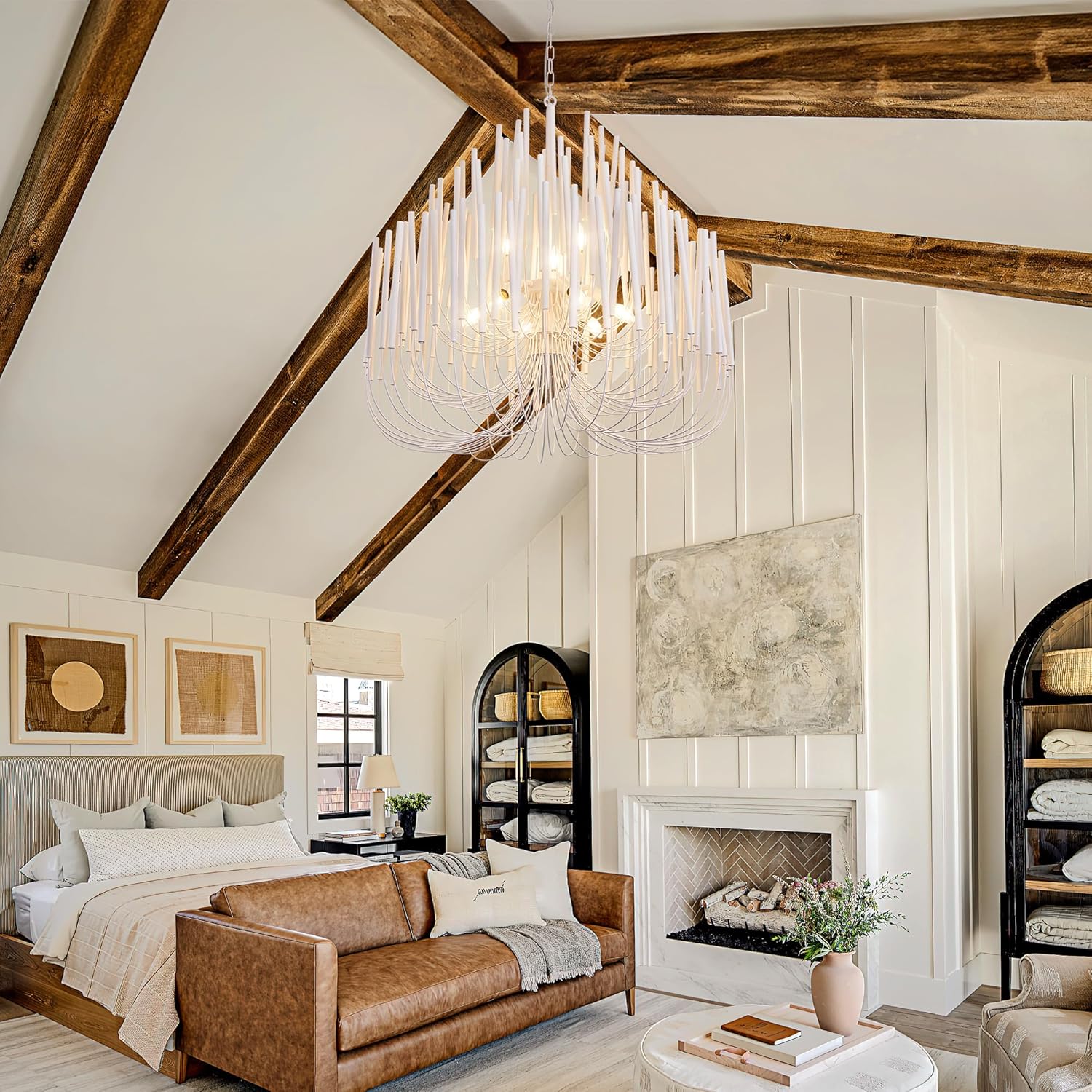 tochic modern farmhouse chandelier for dining room 36", large vintage white wood chandeliers light for living room, rustic pendant lighting fixture ceiling hanging for foyer bedroom entryway white 36 inches