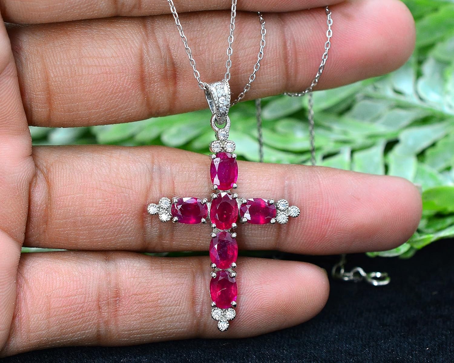 Natural Red Ruby 7X5 MM Oval Cut Holy Cross Pendant Necklace 925 Sterling Silver July Birthstone Ruby Jewelry Proposal Necklace Gift For Girlfriend (PD-8481)