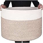 MINTWOOD Design Extra Large 22 x14 Inches Decorative Woven Cotton Rope Blanket Storage Basket Bin Living Room and Laundry Hamper for Pillows, Pool Towels, Dog Toys, Shoes, Light Brown