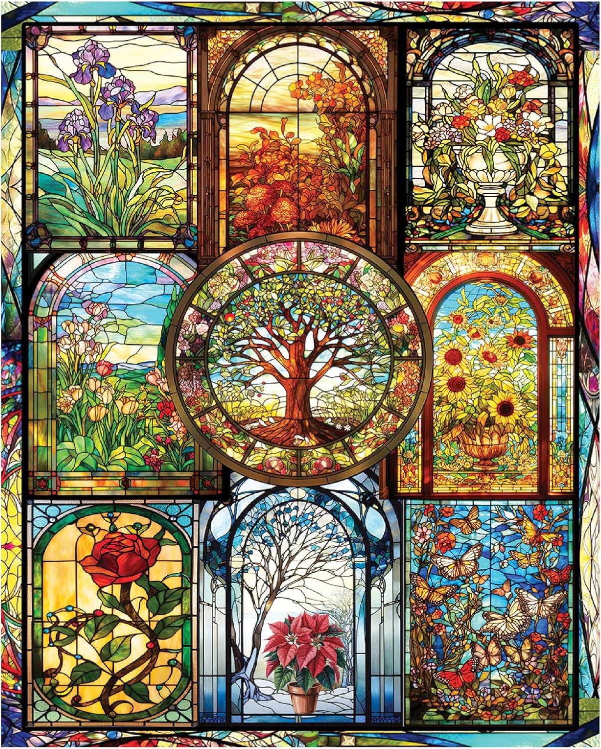 White Mountain 1000 Piece Jigsaw Puzzle Fun Collage Puzzles with Large Pieces Gift for Adults and Family 24"x30" - Four Season Stained Glass