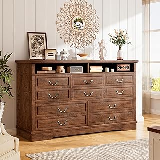 EnHomee Farmhouse Dresser for Bedroom 55.2''Wide Wood Dresser with LED & Power Outlet Vintage 10 Drawers & Chests of Drawers Long Space Saver TV Stand, Entryway, Rustic Brown