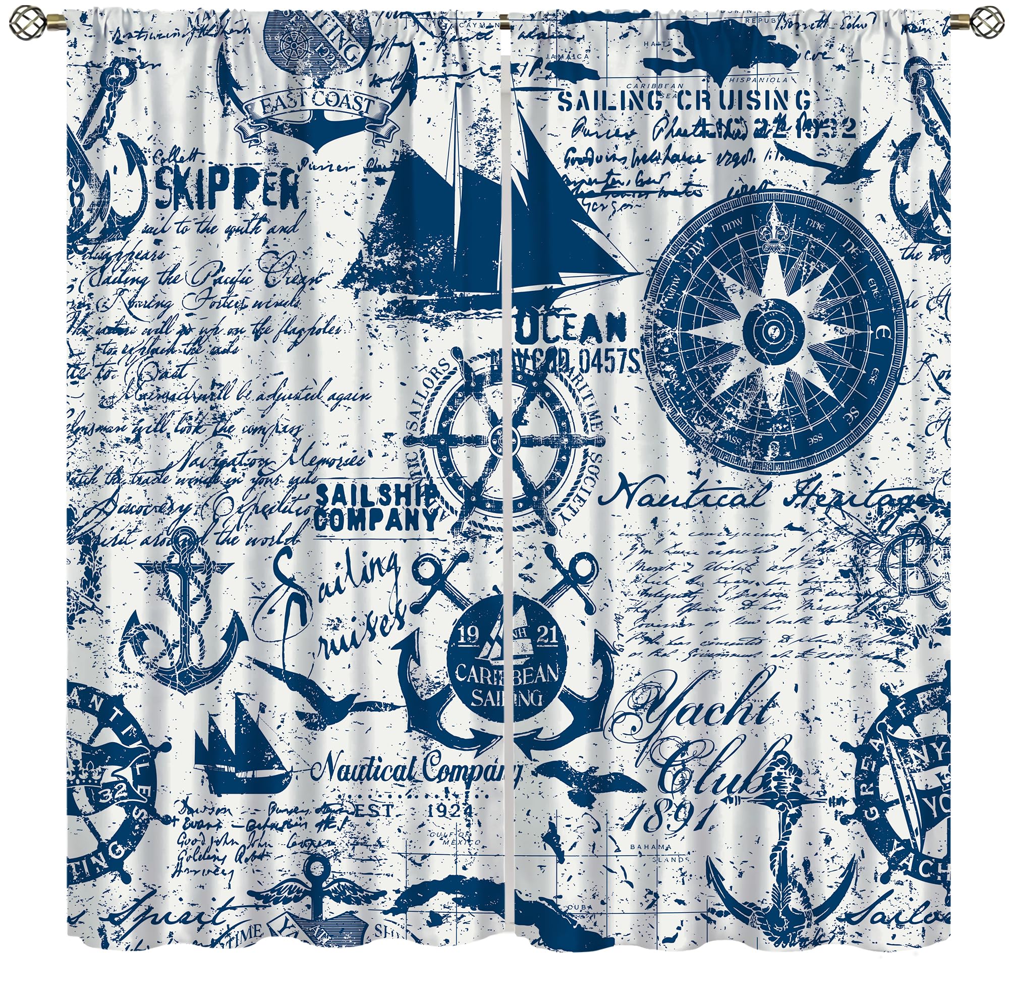 Vintage Sailboat Curtains, Caribbean Sailboat Cruise Nautical Elements Nautical Theme Style, Bedroom Living Room Rod Pocket Curtains, 2 Sets of Panels, 42x45 in. Blue and White