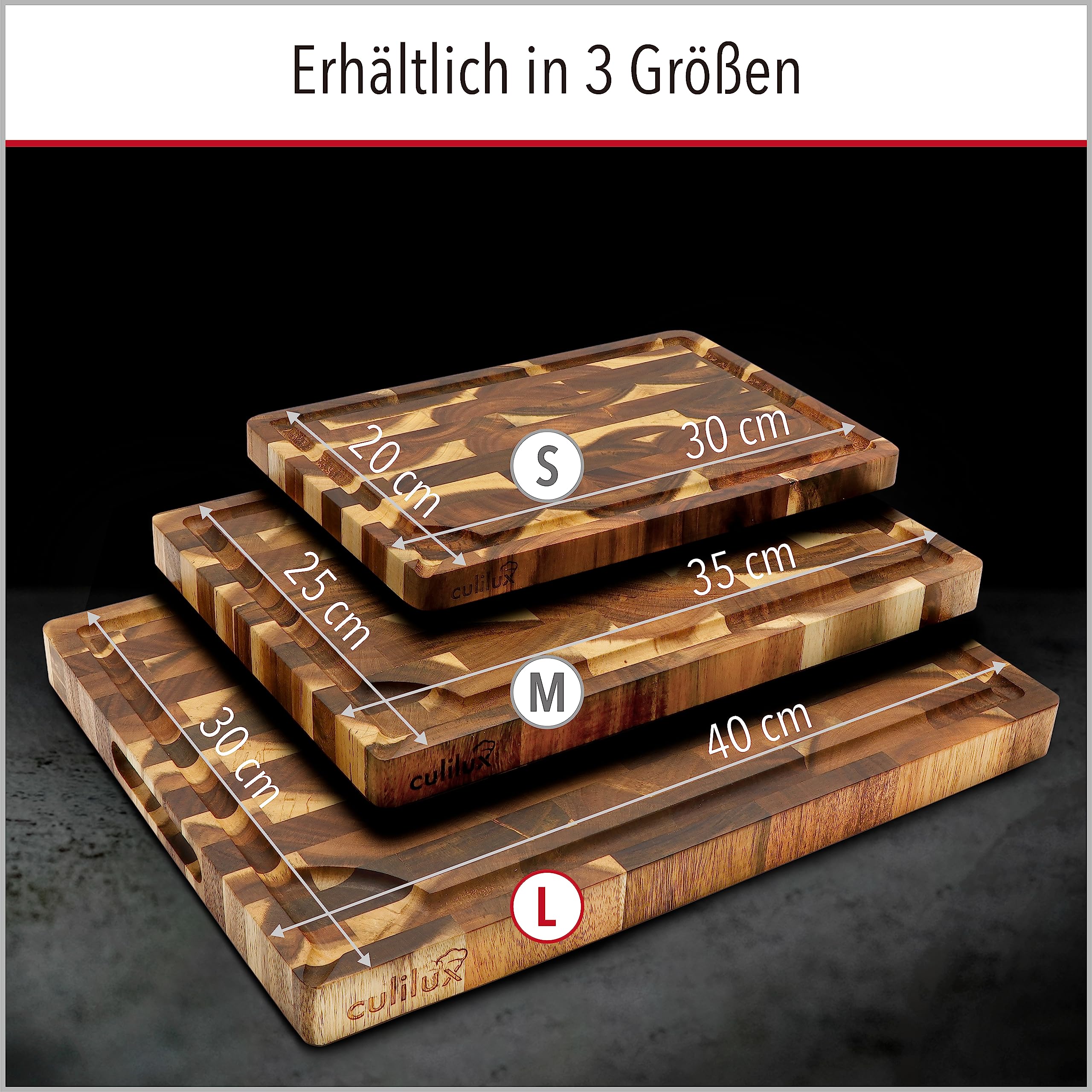 Gourmet Schneidebrett L Stirnholz Akazie 40 x 30 x 3 cm | 2-seitig, Mit Saftrille, Antiseptisches Hirnholz, Zum Servieren geeignet